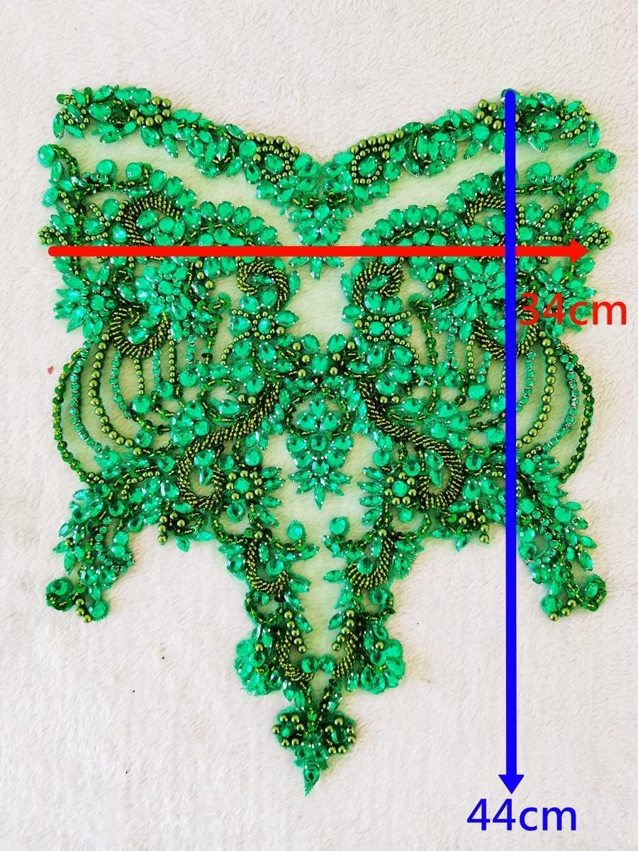 Handmade red/Blue/Gold/Green Rhinestones lace Bodice Applique Sewing Beads Crystal Trim Patches Accessory for Dress Clothes (Rose red)