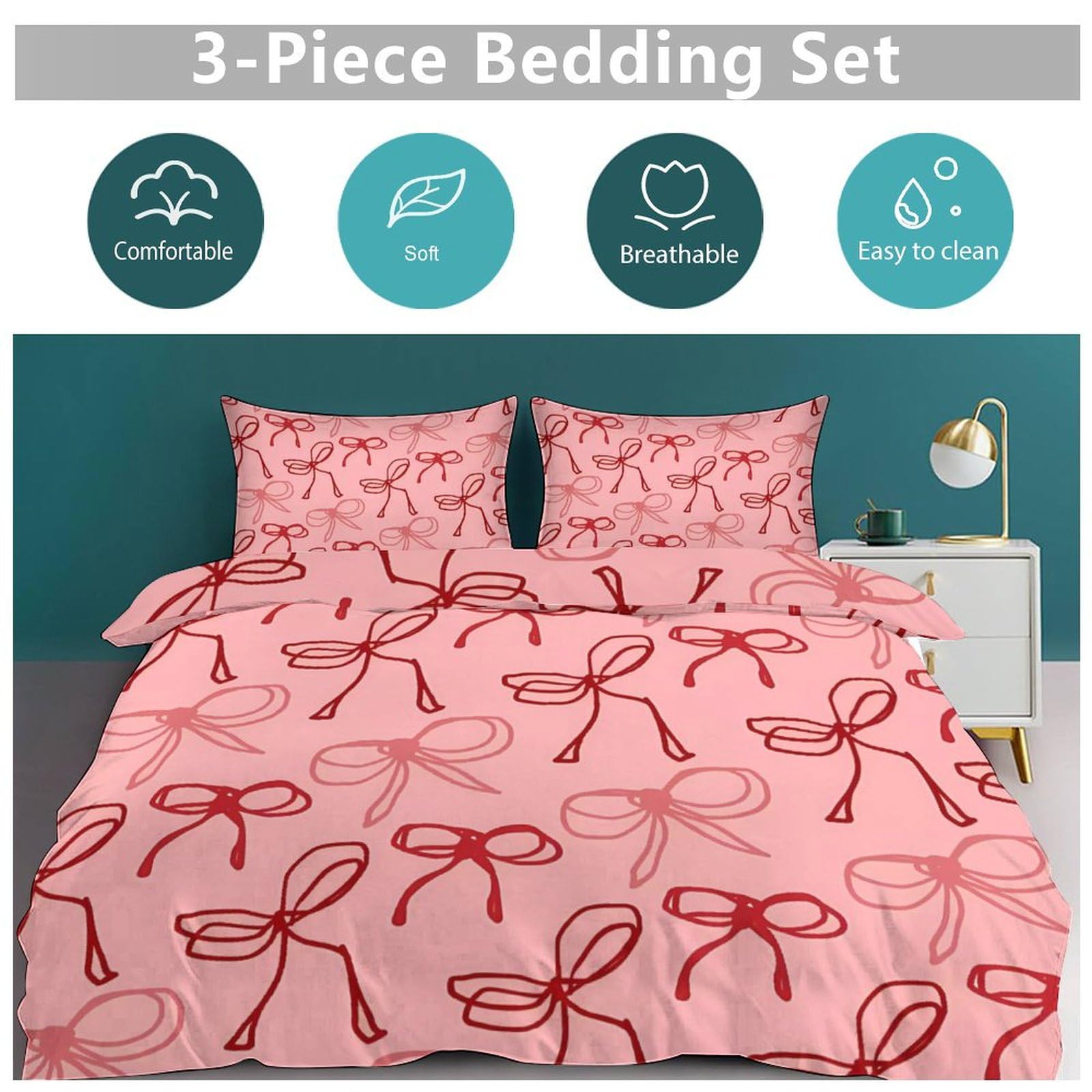 Pink Red Bow Comforter Set Duvet Cover Quilt Cover Set Ultra Soft Bed Cover (1 Duvet Cover+2 Pillowcases)