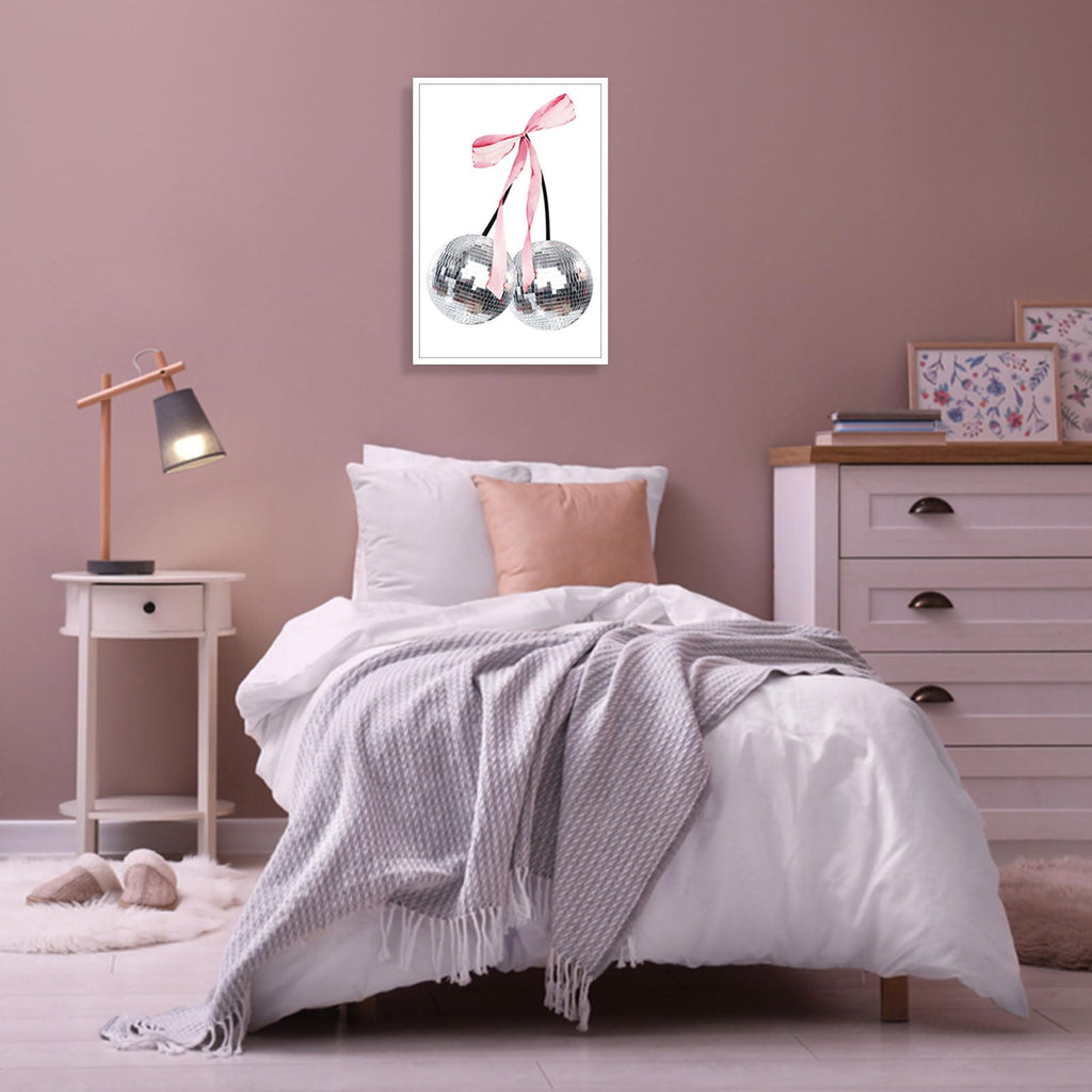 Trendy Pink Bow Disco Ball Posters White Cherry Canvas Wall Art Funky Coquette Bow Ribbon Preppy Aesthetic Prints Painting