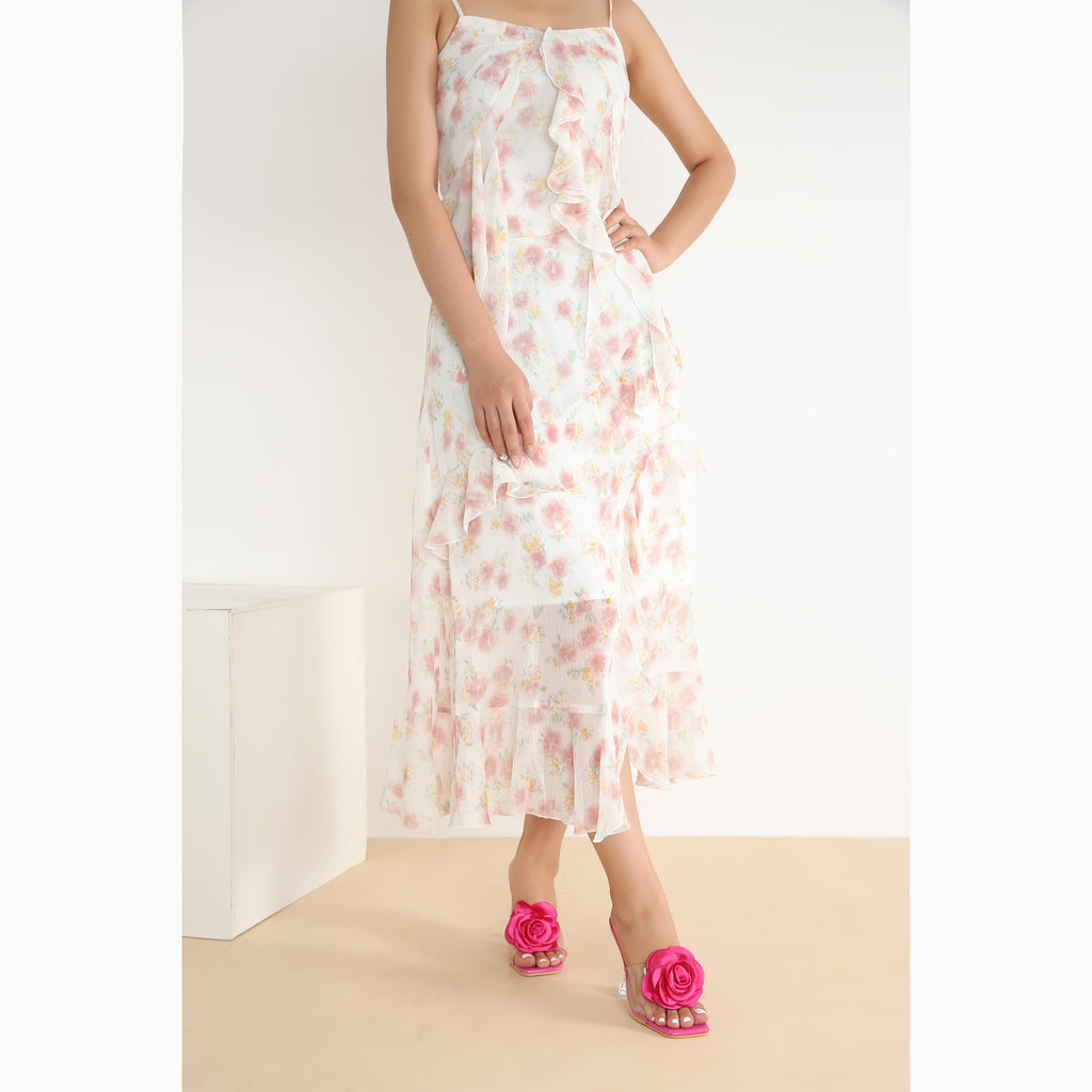 Women Flowers High Heels Mules Sandals Square Toe Slip On Sandals