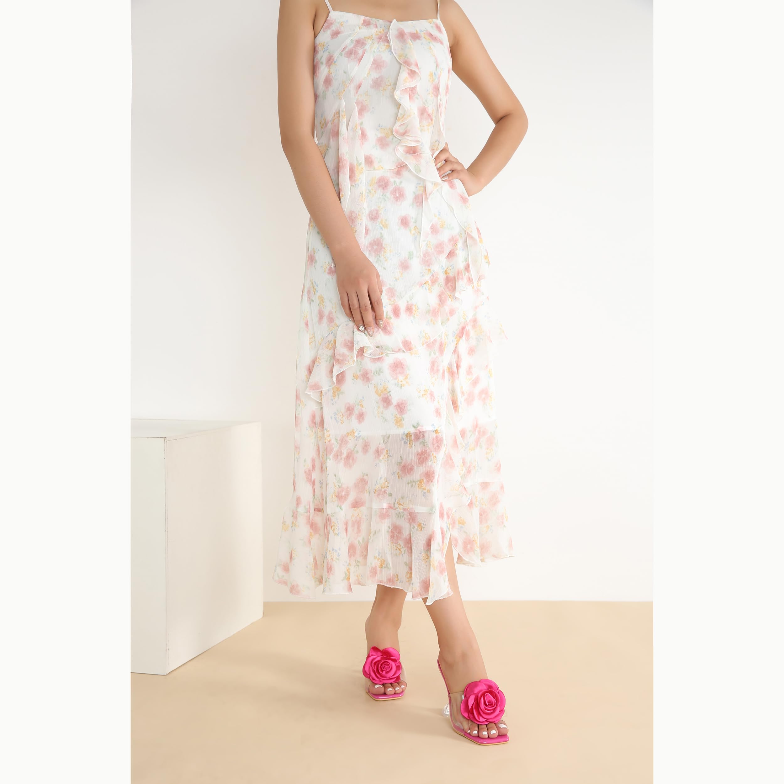 Women Flowers High Heels Mules Sandals Square Toe Slip On Sandals