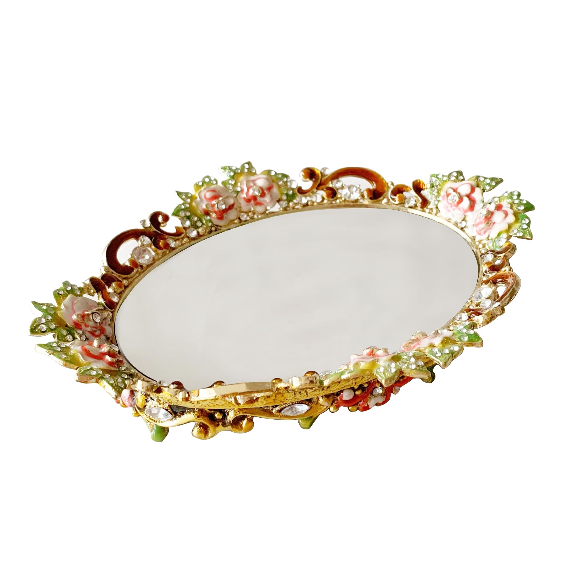 Hand-Painted Gold Floral Mirror Vanity Tray â€?Decorative Metal Jewelry and Makeup Organizer for Dresser or Countertop