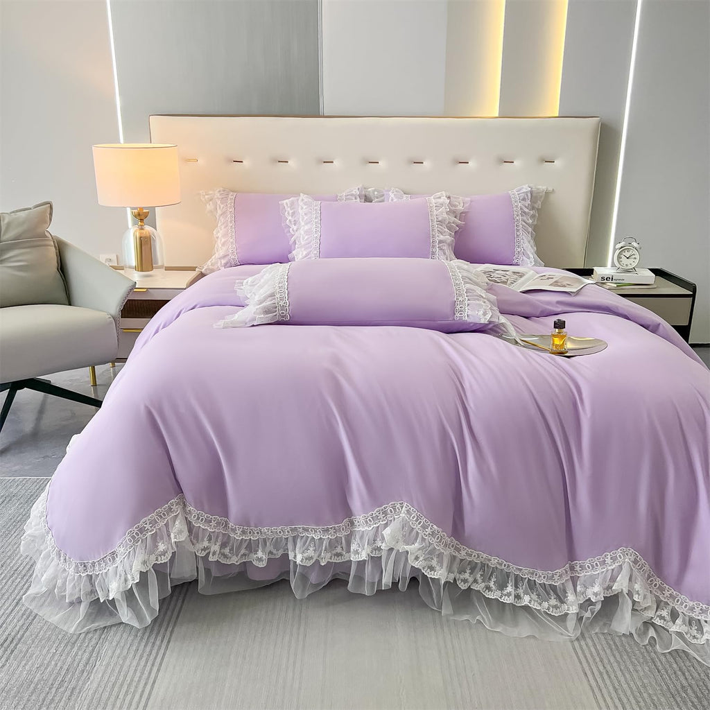 Chic Ruffle Lace Polyester Duvet Cover Set -Bedding-2 Piece Duvet Cover with Zipper Closure -Ultra Soft and Light Weight