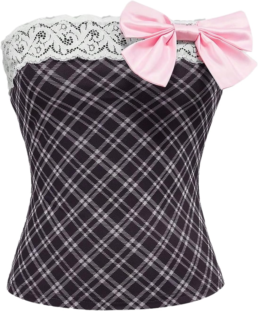 Women's Y2k Bow Plaid Tube Top Strapless Sleeveless Lace Trim Bandeau Crop Tops