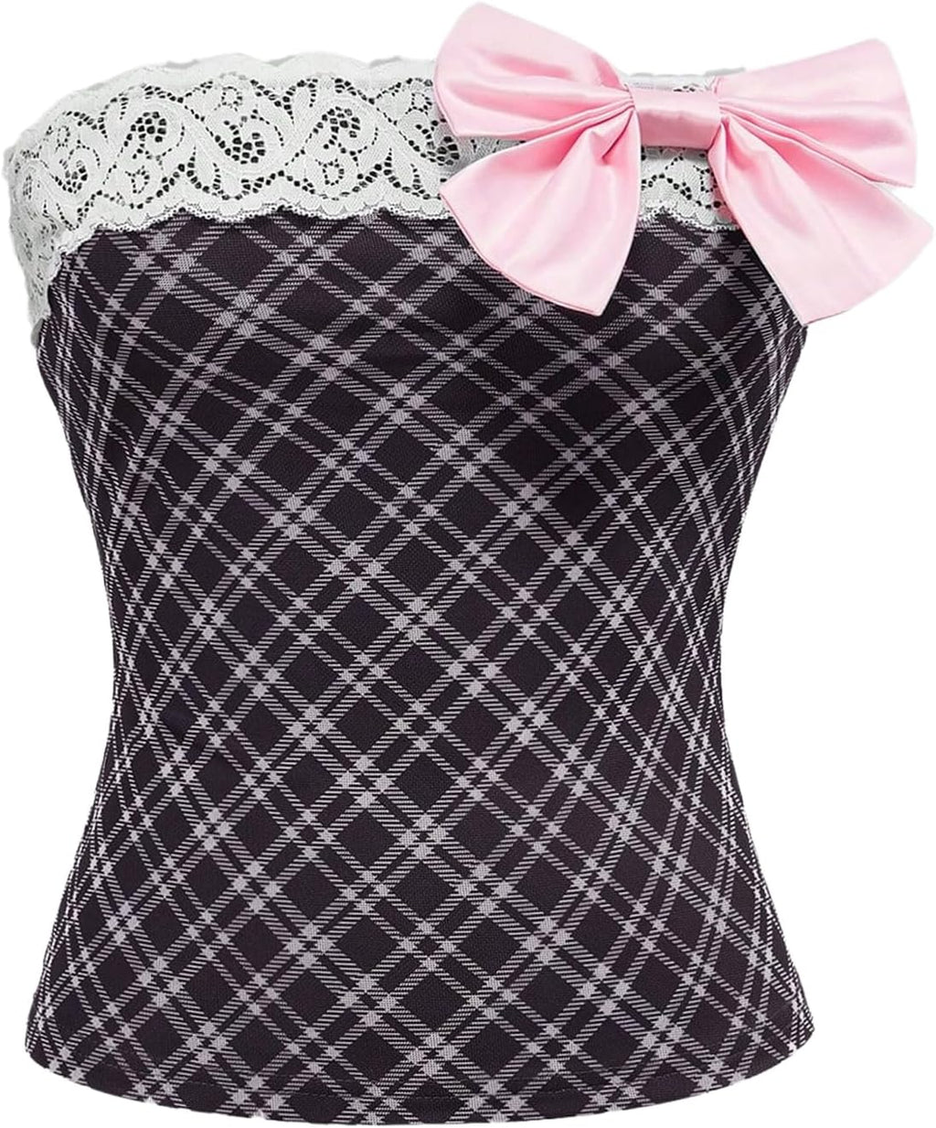 Women's Y2k Bow Plaid Tube Top Strapless Sleeveless Lace Trim Bandeau Crop Tops