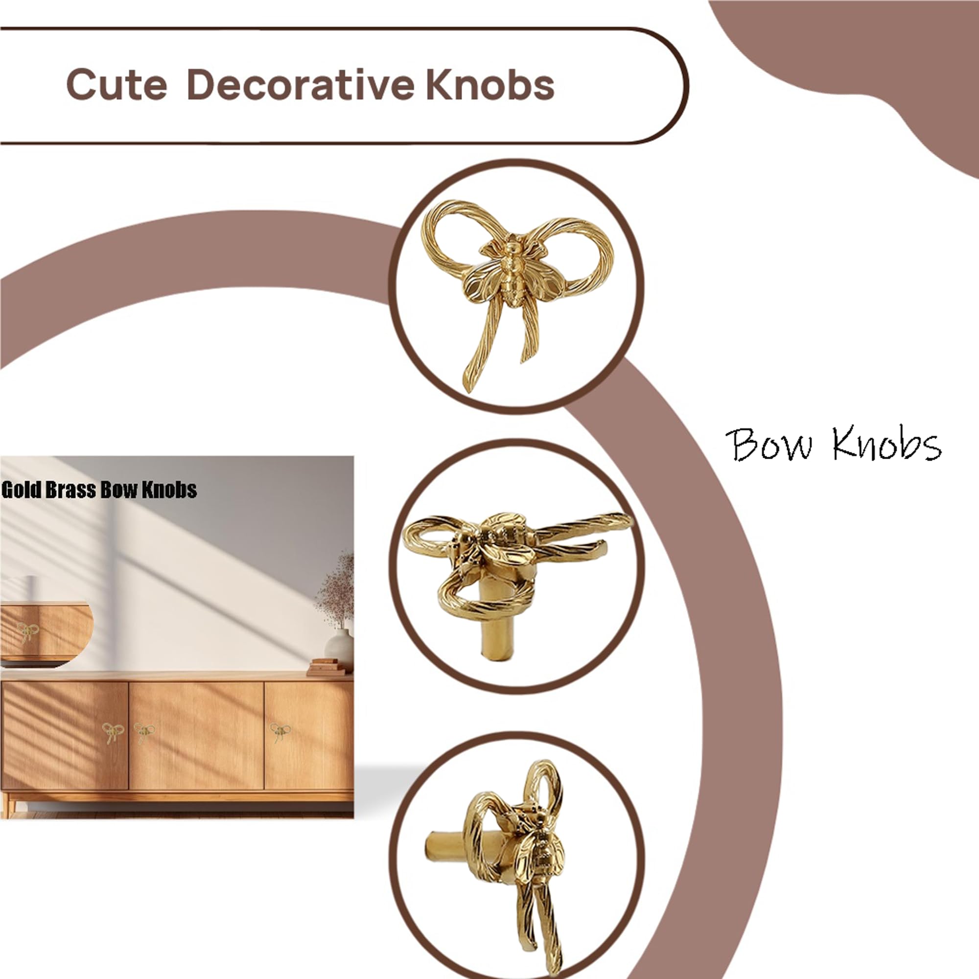 Gold Brass Small Bow Knobs Cute Dresser Drawer Handles Kitchen Cabinet Pulls Art Deco Single Hole Decorative Knobs Modern Furniture Hardware for Closet Cupboard