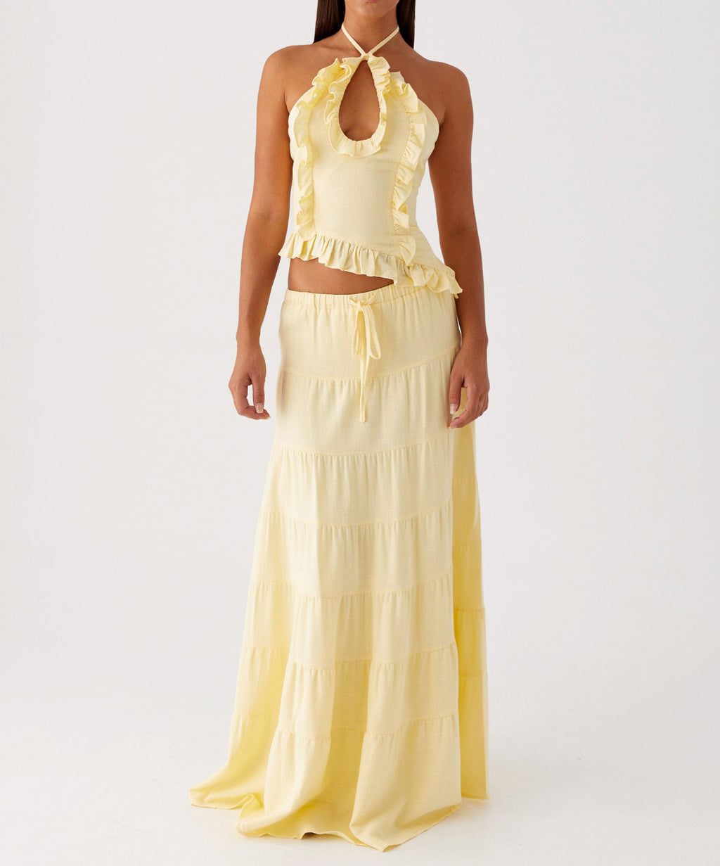 Womens 2 Piece Maxi Skirt Set Y2k Halter Ruched Cami Top Tiered Flowy Ruffle Skirt Outfit