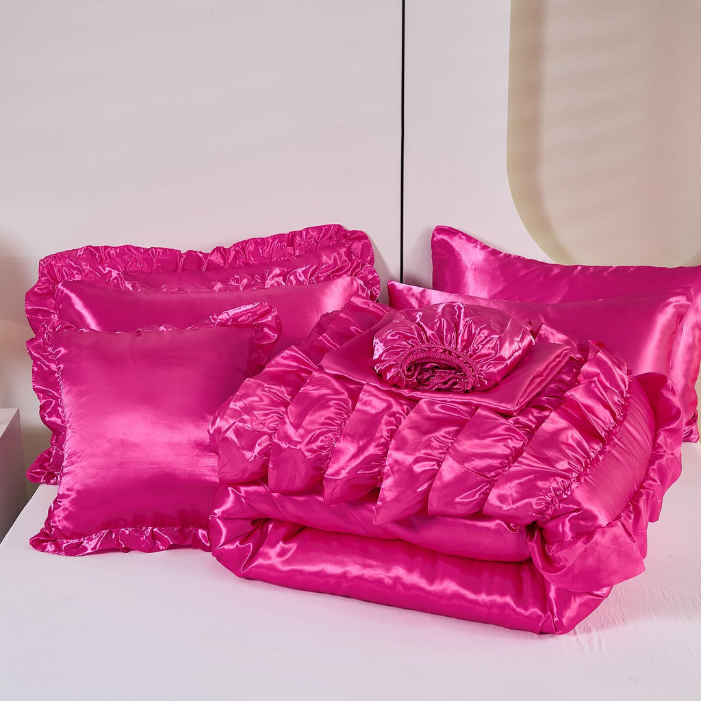 Ruffle Comforter Set 8 Pieces Satin Comforter Set with Sheet Set - Waterfall Ruffle Design Luxurious Silky Comforter Set