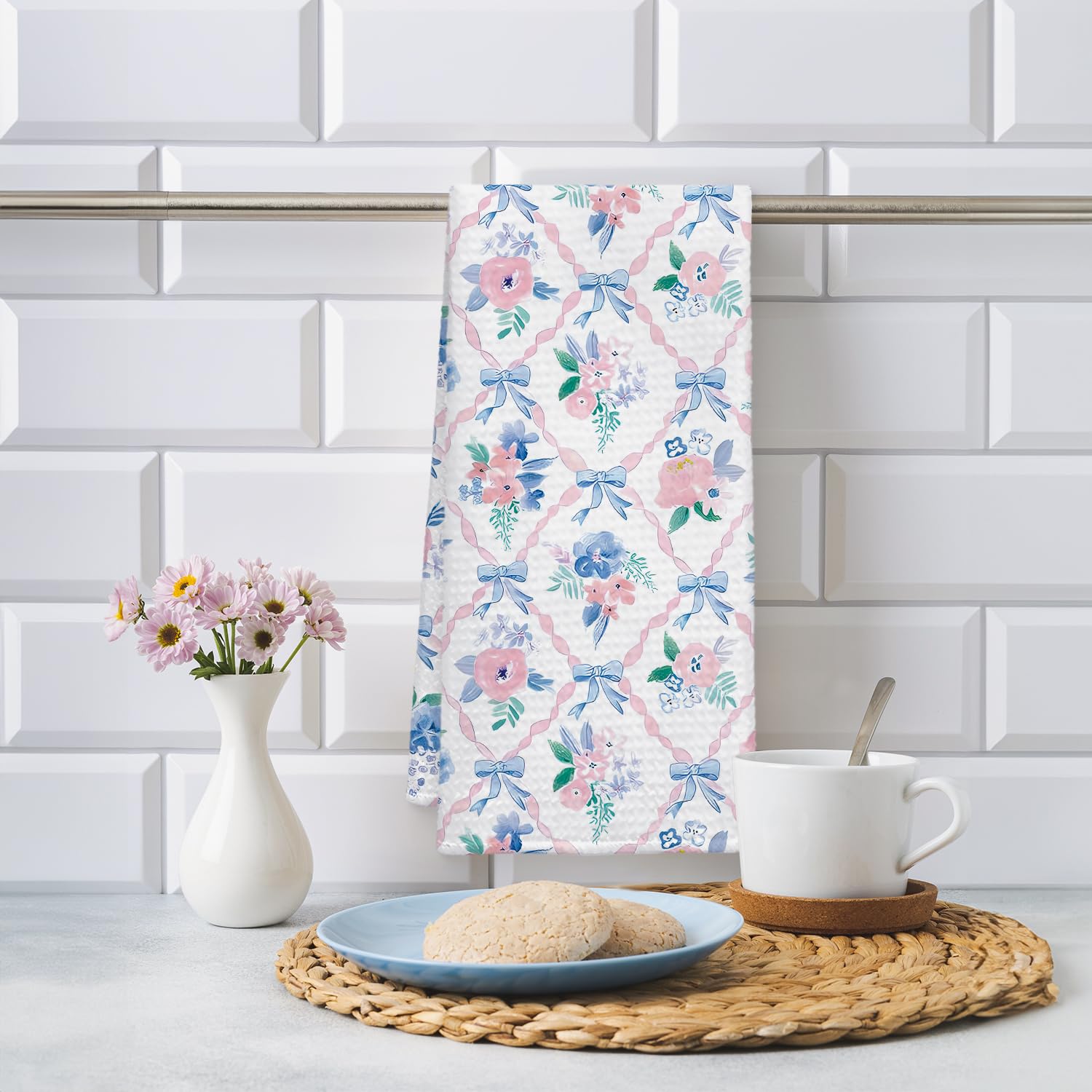 Coquette Bow Floral Kitchen Towel, Grandmillennial Pink Rose Flower Gingham Hand Towel for Bathroom, Pink and White Checkered Dish Tea Towel, 16x24 Inch