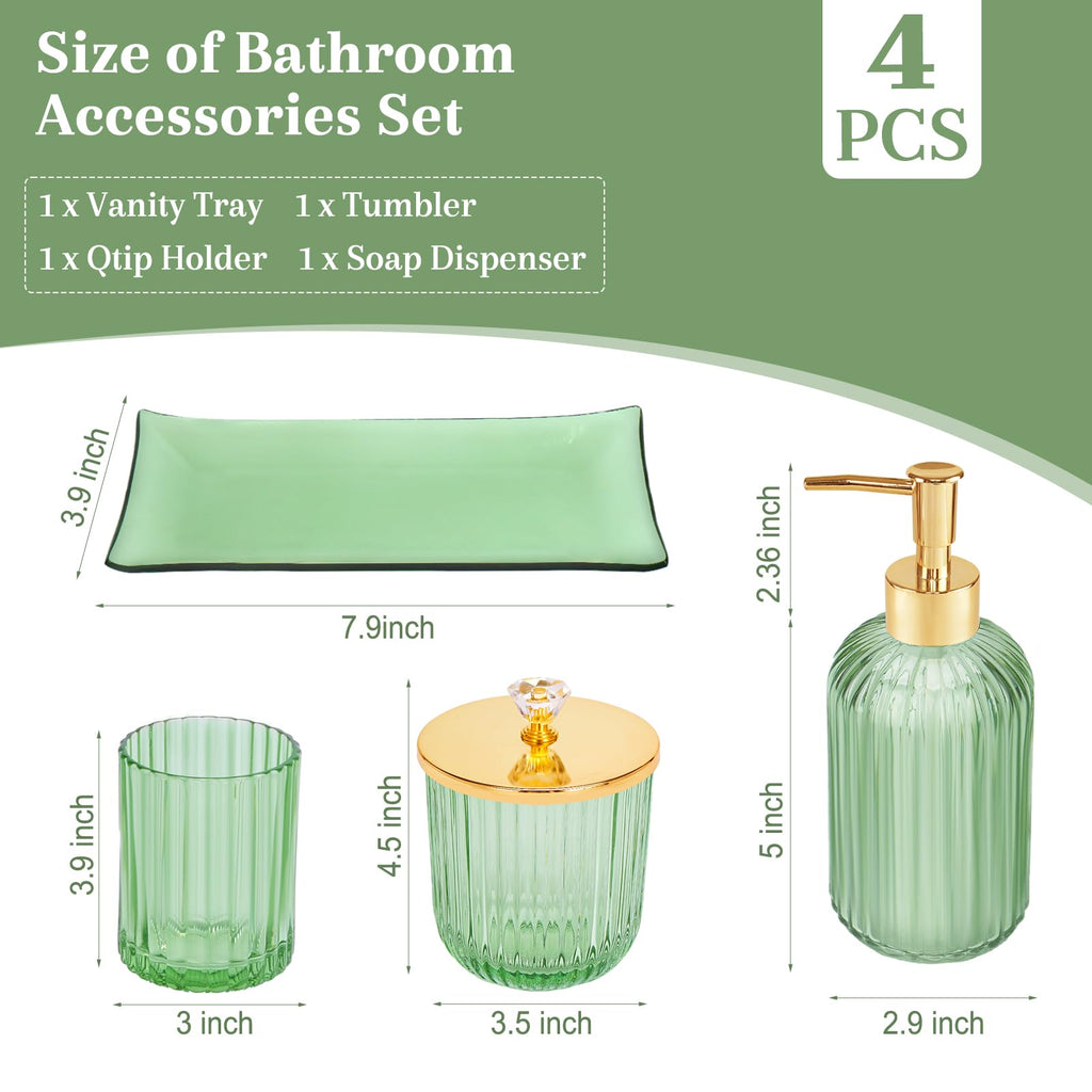 Glass Bathroom Accessories Set 4PCS Bathroom Accessories Set with Soap Dispenser Toothbrush Holder Qtip Holder & Vanity Tray