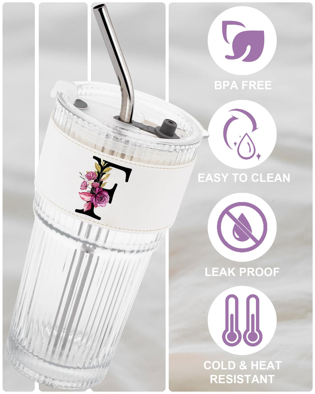 Initial Glass Cup with Lid Straw Ribbed Ice Tea Clear Tumbler Her Sister Coffee Matcha Latte Girlfriend Gf Aunt Best Friend Friendship Bestie Wife Cute Asthetic Unique Birthday Personalized Gift K