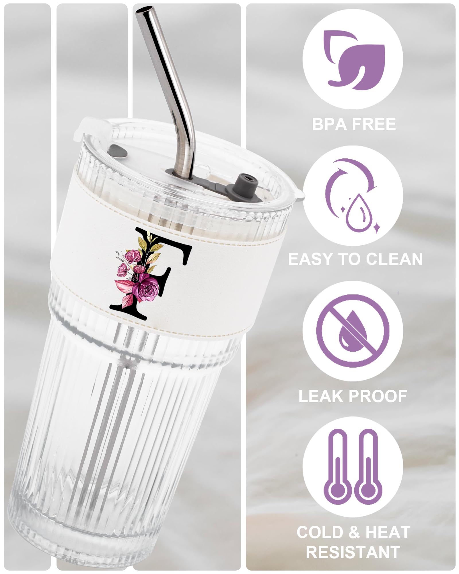 Initial Glass Cup with Lid Straw Ribbed Ice Tea Clear Tumbler Her Sister Coffee Matcha Latte Girlfriend Gf Aunt Best Friend Friendship Bestie Wife Cute Asthetic Unique Birthday Personalized Gift K