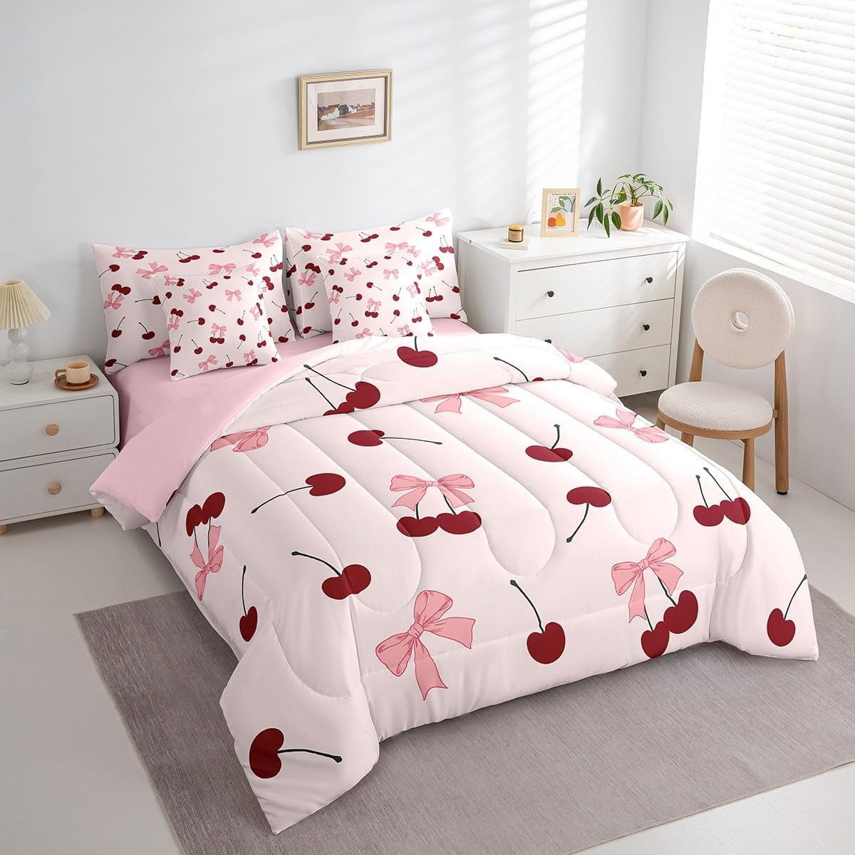 Princess Style Pink Bowknot Comforter Bedding Set, Bow Tie Pink White Dreamy Fairy Tale Bow (Comforter+Fitted+Flat Sheet+2 Pillowcases+2 Throw Pillow Covers) 7 Pieces Bed Set