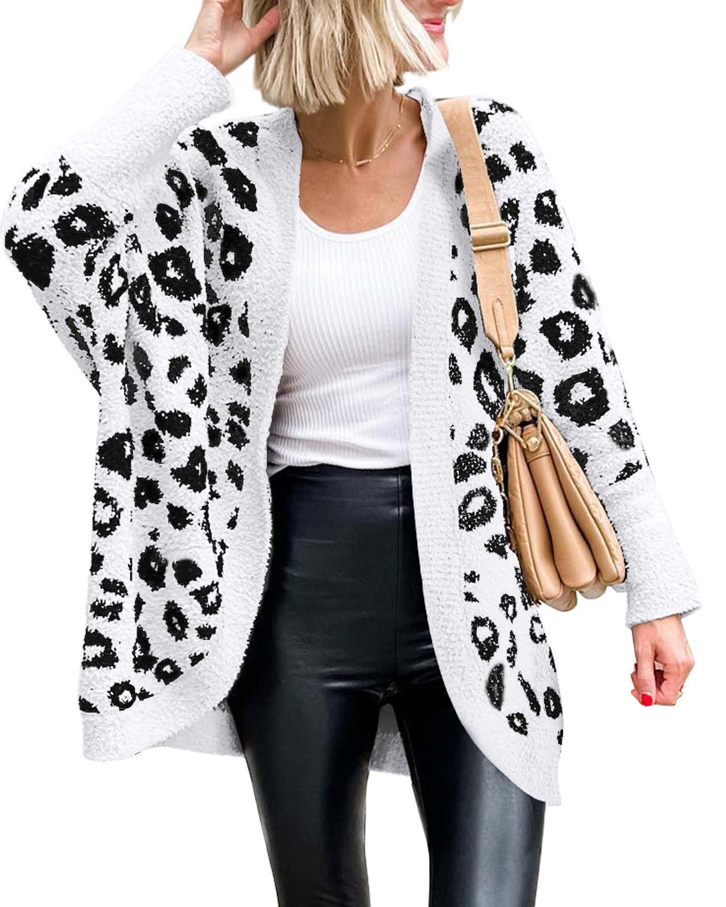 Women Fashion Leopard Print Long Sleeve Sweater Cardigan Loose Knit Open Front Fall Winter Outwear Coats