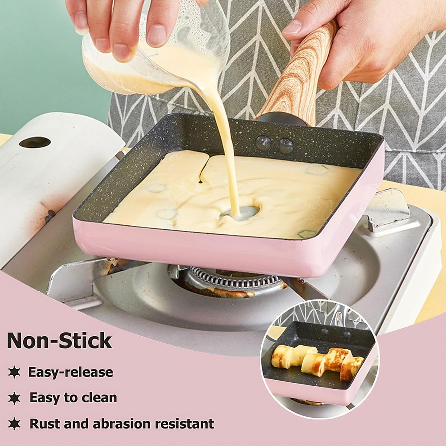 Pink Aluminum Japanese Omelet Pan, 6"x 7" Non-Stick Tamagoyaki Egg Pan, Rectangle Pan with Anti Scalding Bakelite Handle