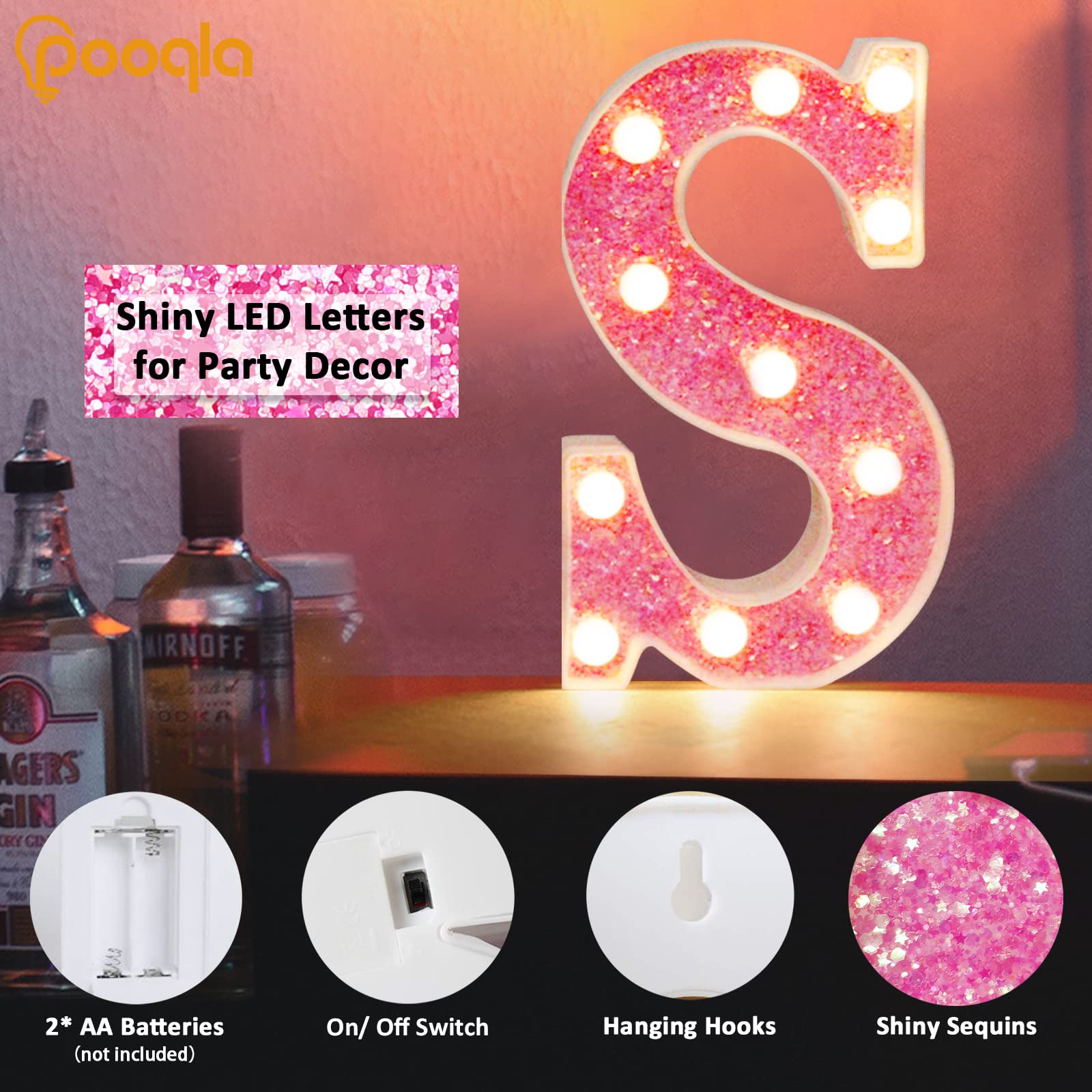 Pink LED Letters Glitter Alphabet LetterS & Numbers Sign Battery Powered