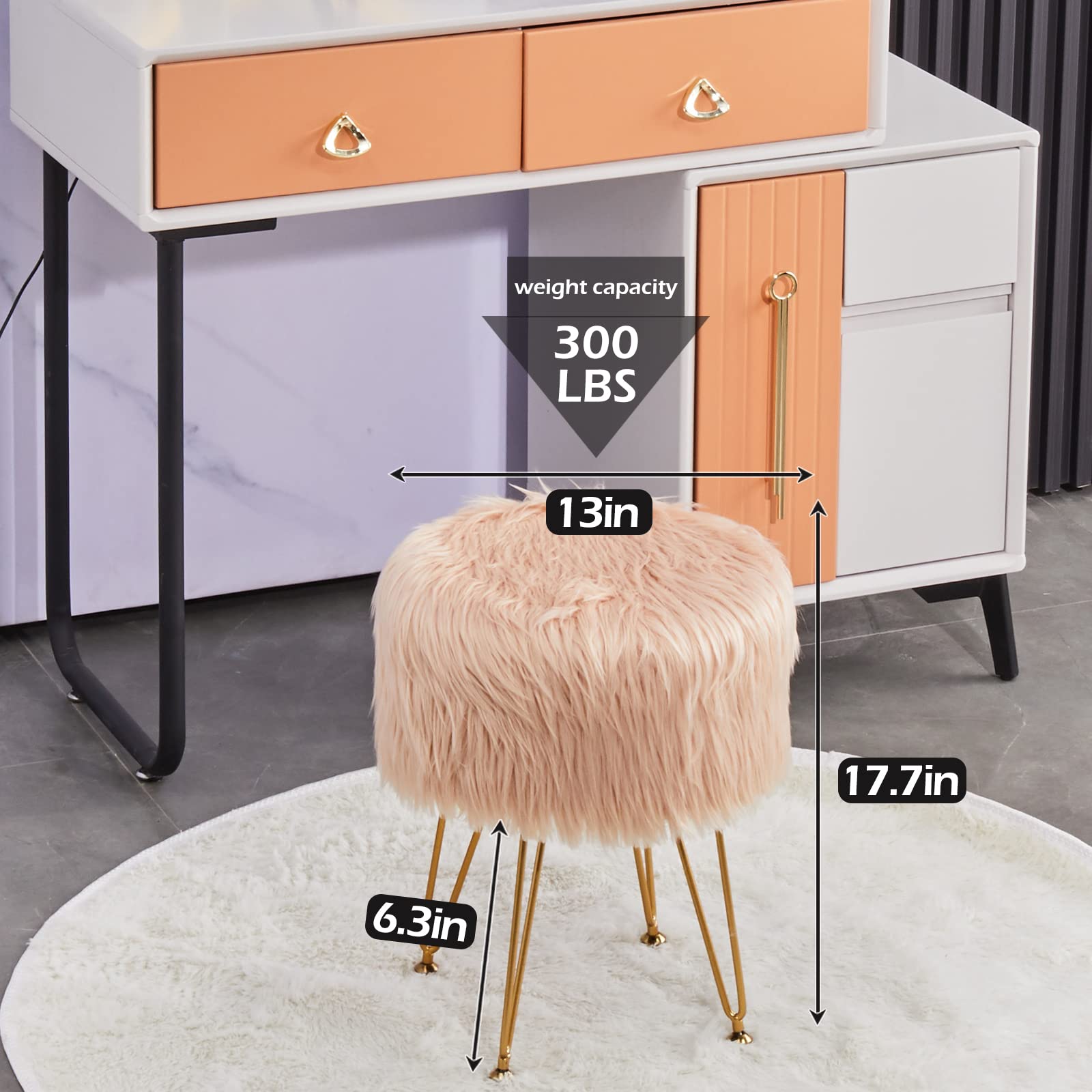 Faux Fur Storage Ottoman Round Furry Vanity Stool Marble Grain Tray Coffee Table Compact Footrest Stool with 4 Metal Legs Soft Makeup Seat Foot Stools for Living Room Bedroom Entryway