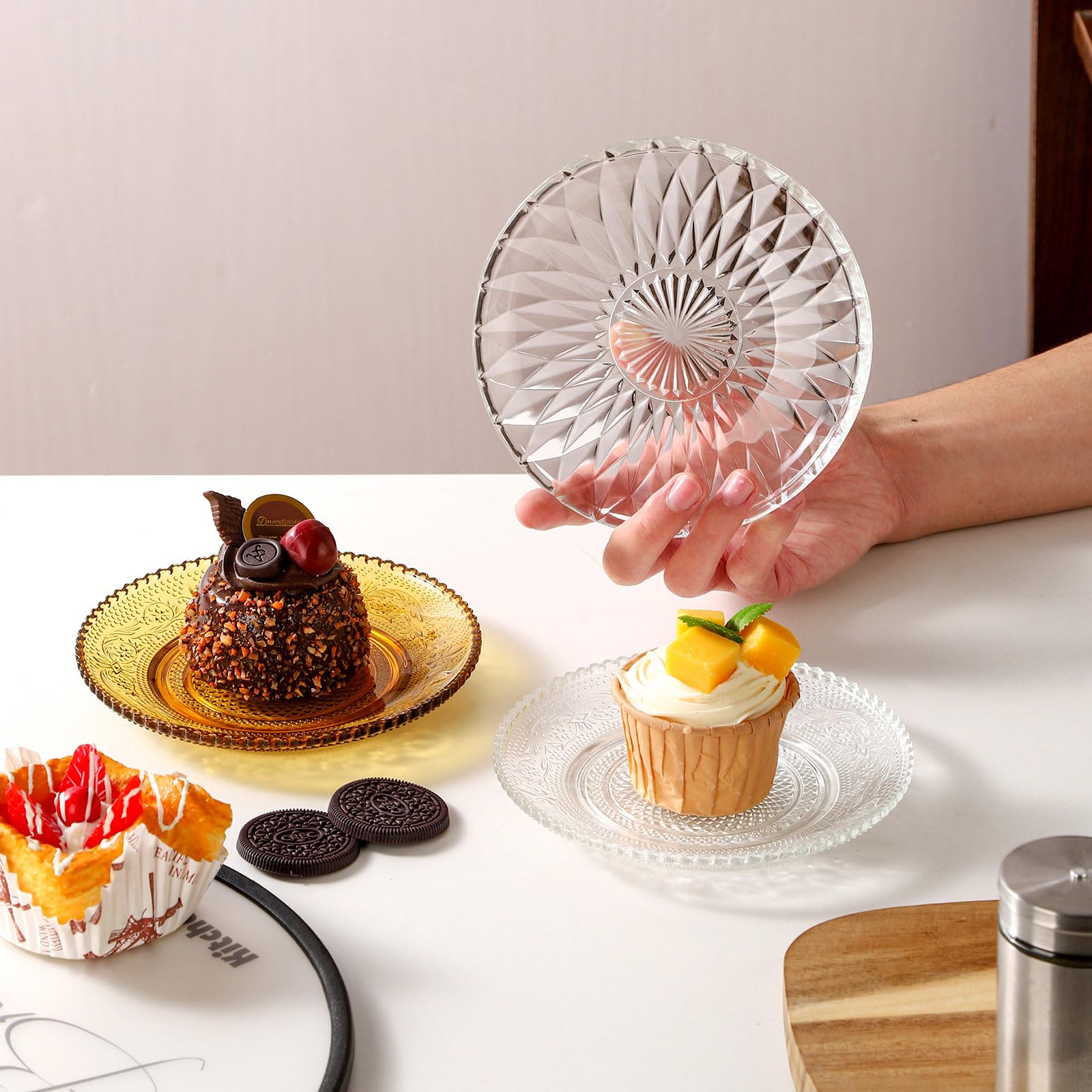 Glass Plates 4 Pack Vintage Dinnerware Set Clear Floral Textured Dinner Plates