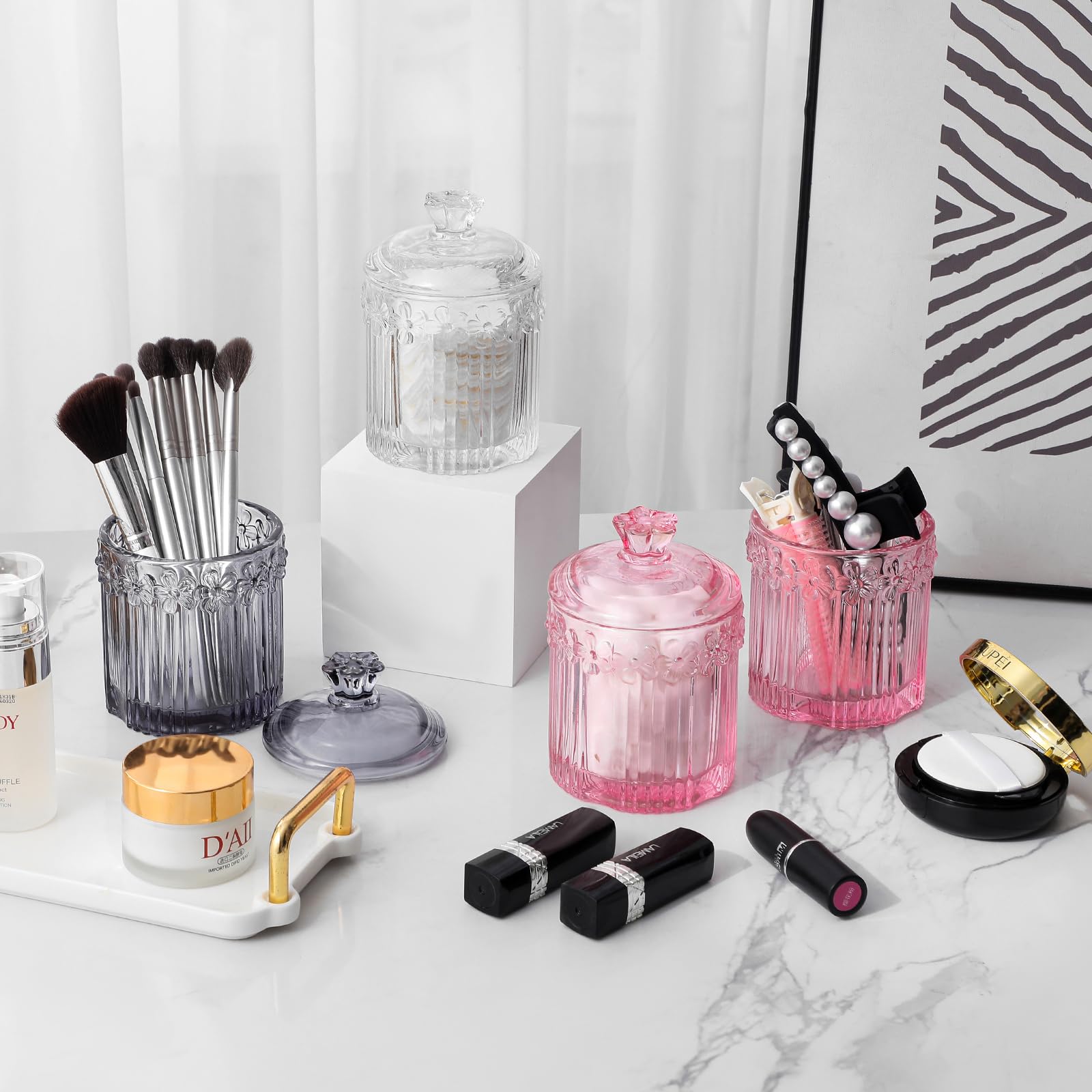 Qtip Holder Glass Apothecary Jars with Lids Set Bathroom Canisters Dispenser Organizers and Storage for Cotton Swabs, Balls, Pads, Floss Picks, Candy 2 Pack