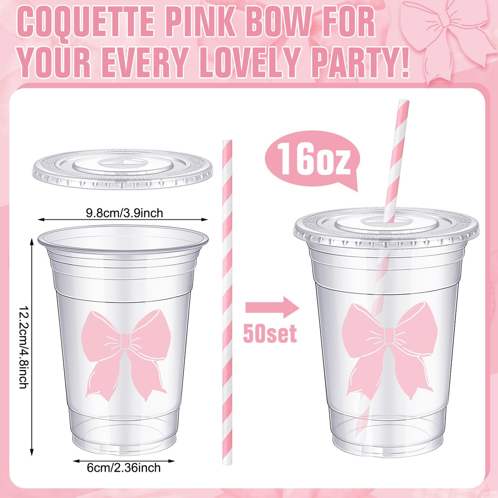 Coquette Bow Disposable Plastic Cups with Straw