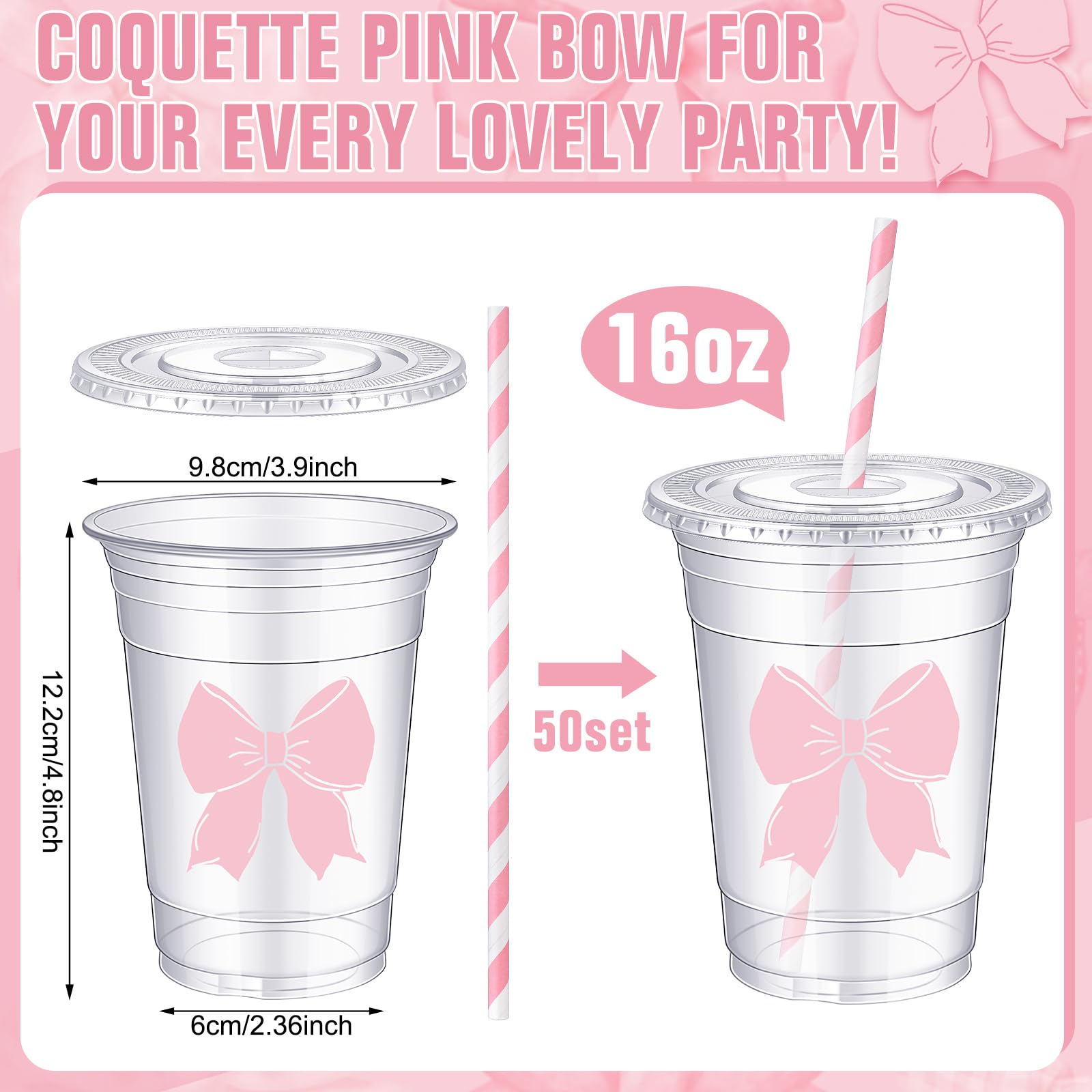 Coquette Bow Disposable Plastic Cups with Straw