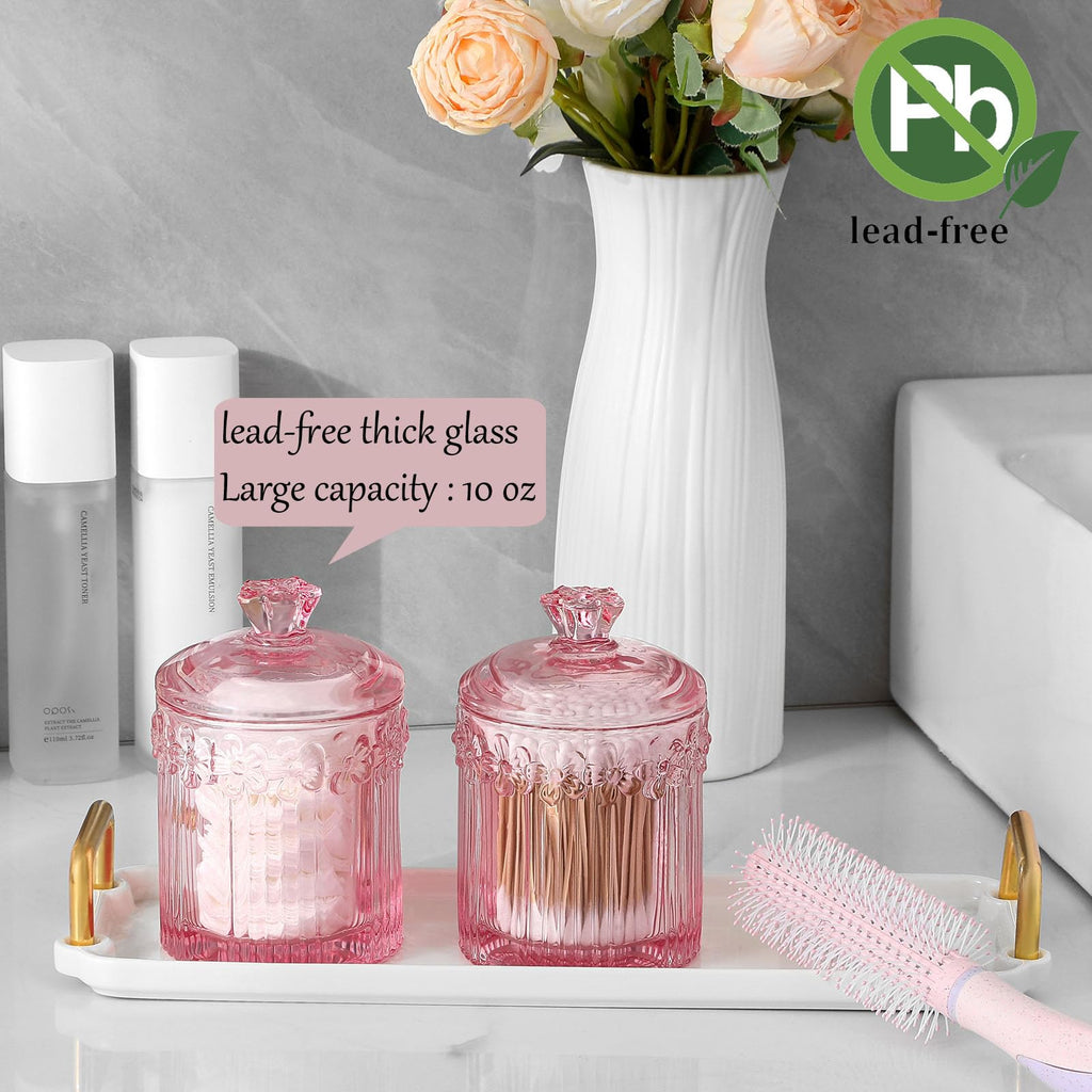 Qtip Holder Glass Apothecary Jars with Lids Set Bathroom Canisters Dispenser Organizers and Storage for Cotton Swabs, Balls, Pads, Floss Picks, Candy 2 Pack