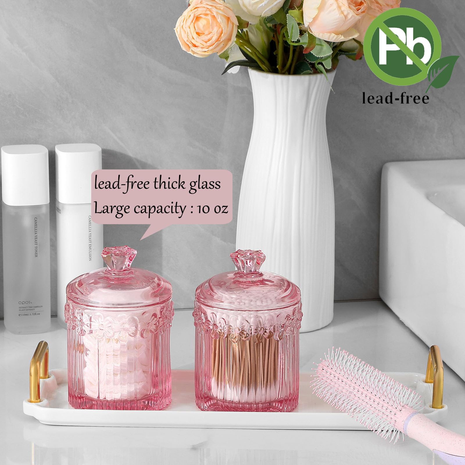 Qtip Holder Glass Apothecary Jars with Lids Set Bathroom Canisters Dispenser Organizers and Storage for Cotton Swabs, Balls, Pads, Floss Picks, Candy 2 Pack