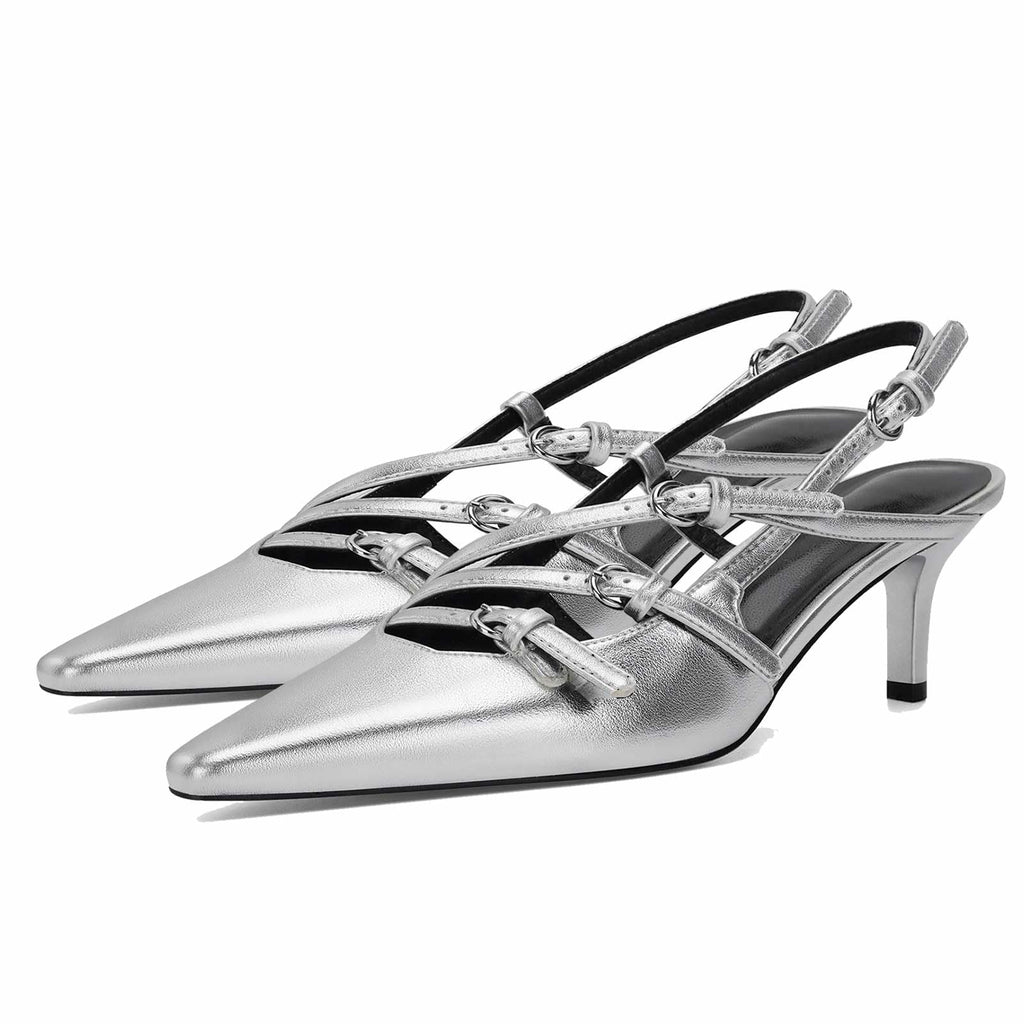 Slingback Kitten Heels Pointed Toe Stiletto Heels Slip On Pumps with Buckled Straps Dress Work Heeled Sandals
