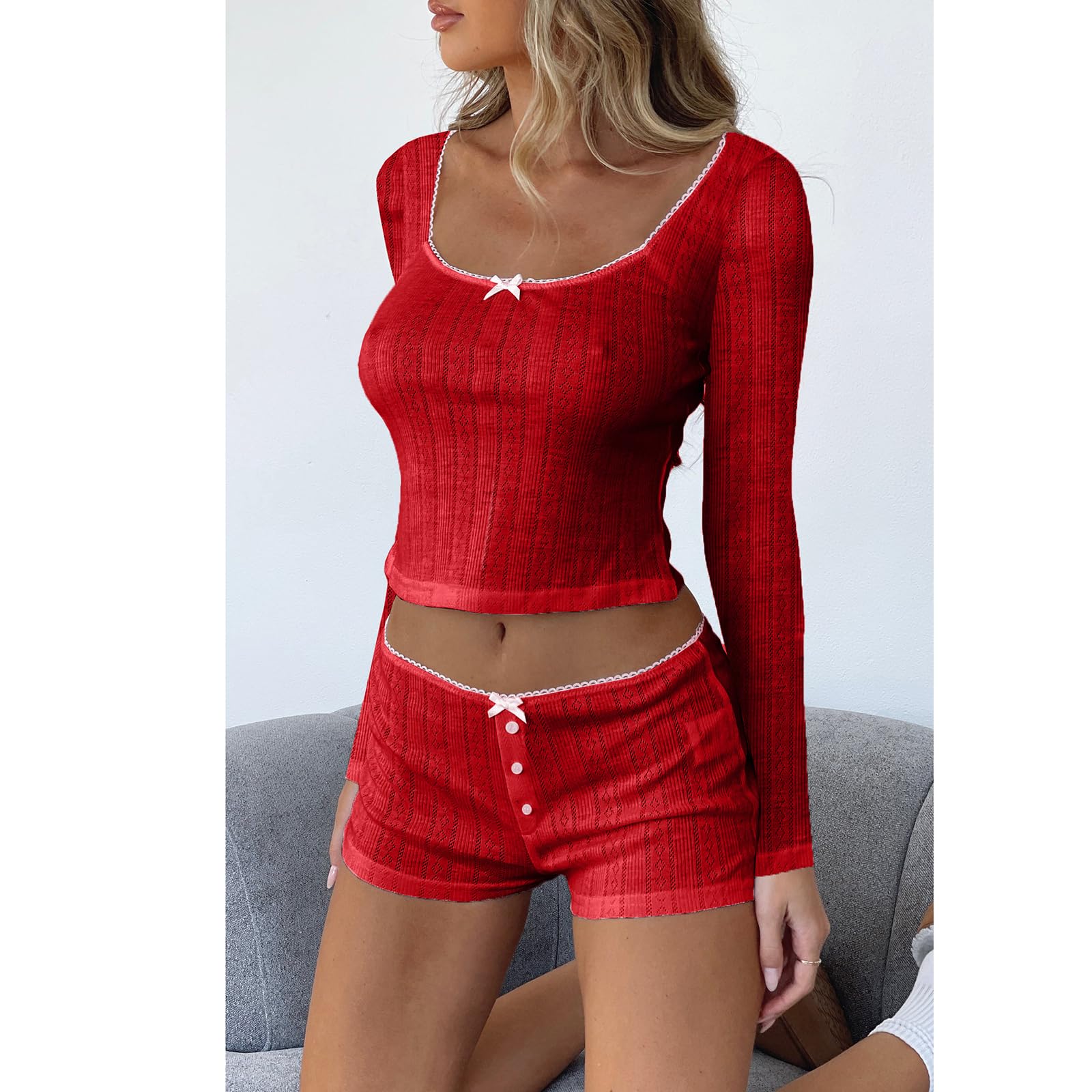 Women's Two Piece Outfit Lace Trim Top and Shorts Set 2 Piece Lounge Sets Ladies PJs Summer Clothes