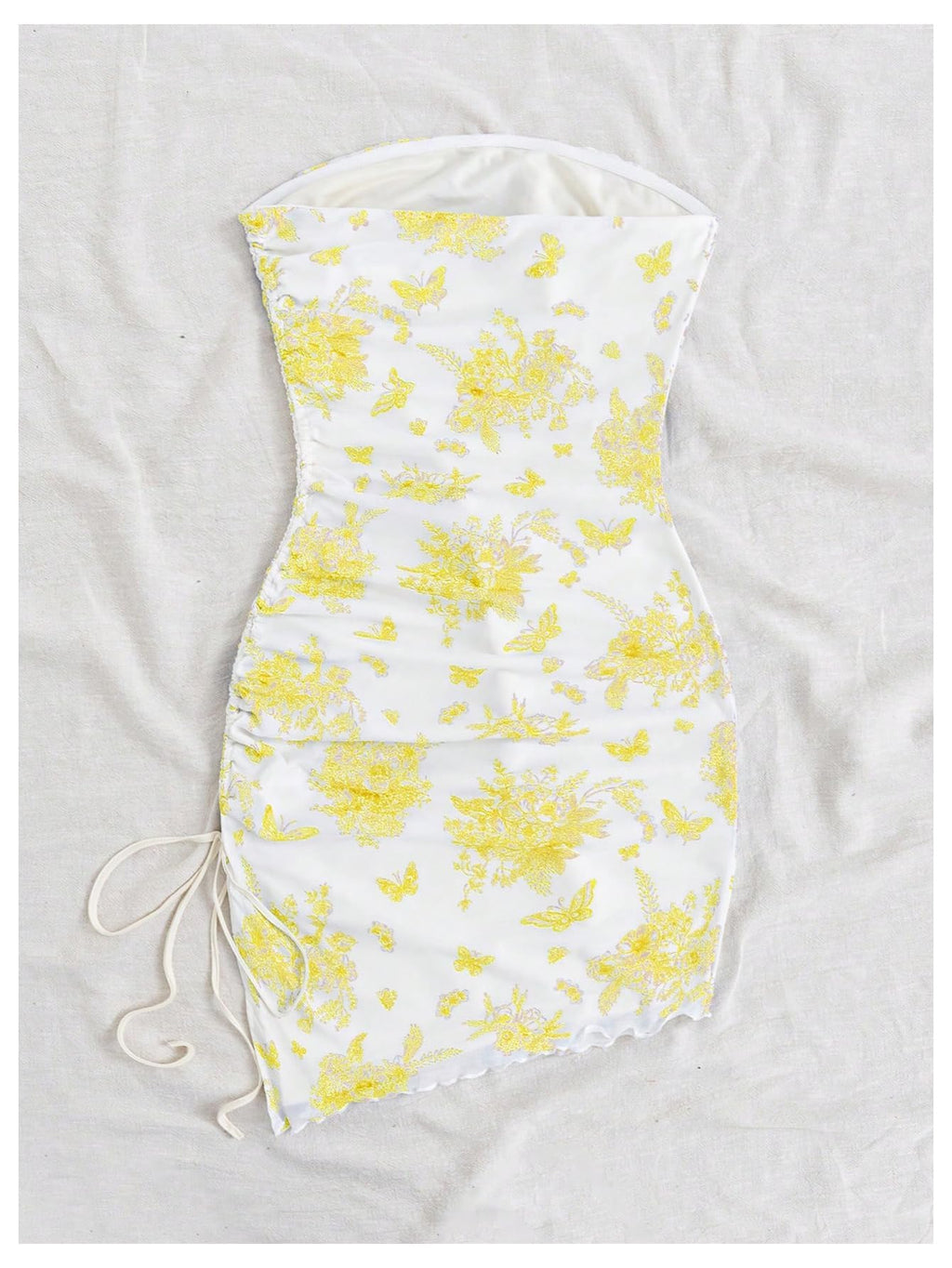 Women's Floral Print Tube Dress Ruched Drawstring Slit Hem Mini Dresses