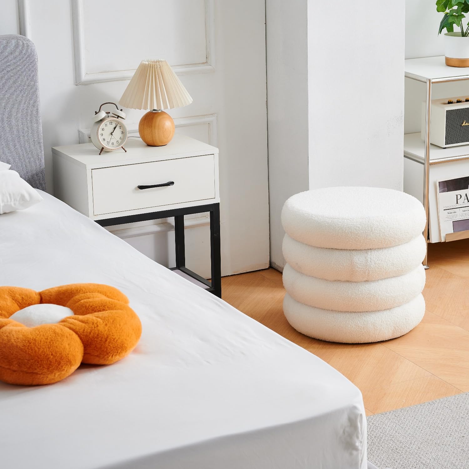 Round Storage Ottoman, Modern Sherpa Footstool with Flip-Top