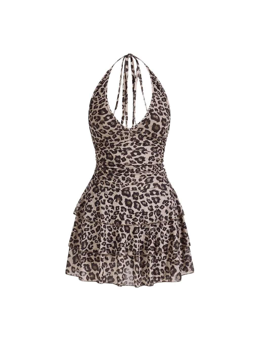 Women's Y2k Leopard Print Halter Dress Mesh Layered Ruffle Hem Animal Cheetah Dresses