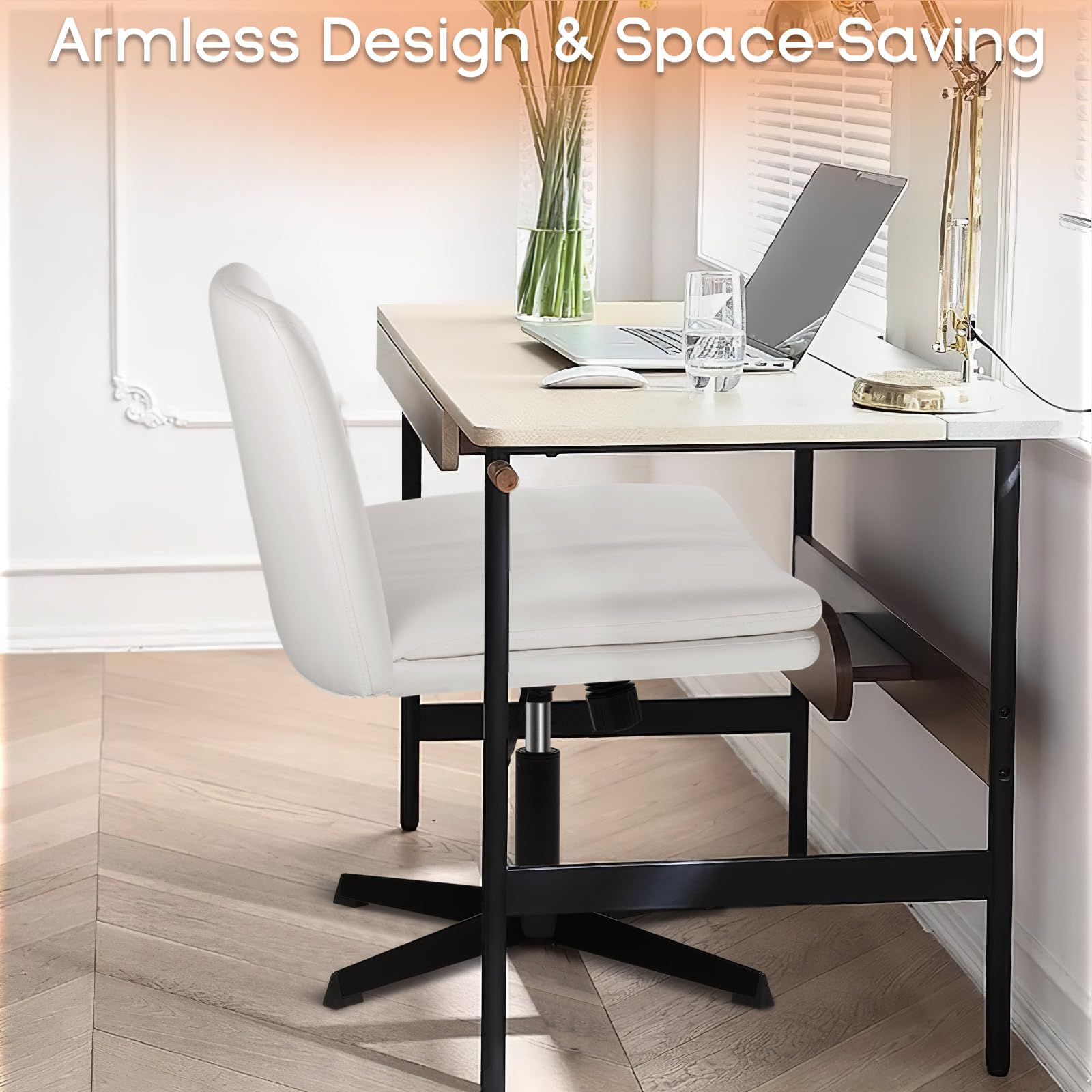 Criss Cross Chair, Armless Cross Legged Office Desk Chair No Wheels, Fabric Padded Modern Swivel Height Adjustable Mid Back Wide Seat