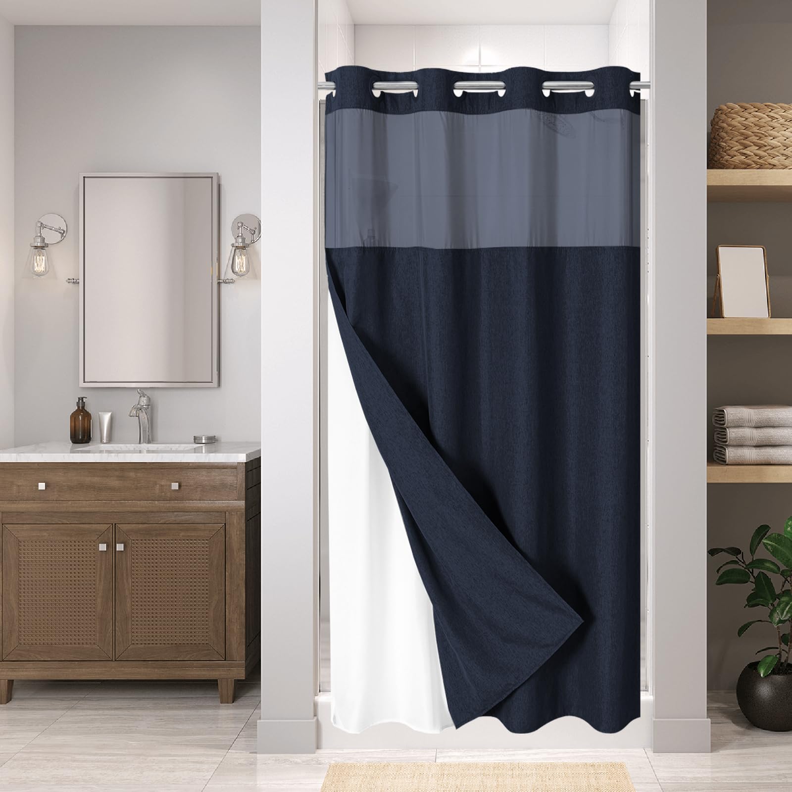No Hooks Needed Linen Textured Shower Curtain with Snap-in Fabric Liner Set, Luxury Decor Shower Curtains for Bathroom with Mesh Top Window, Waterproof & Washable