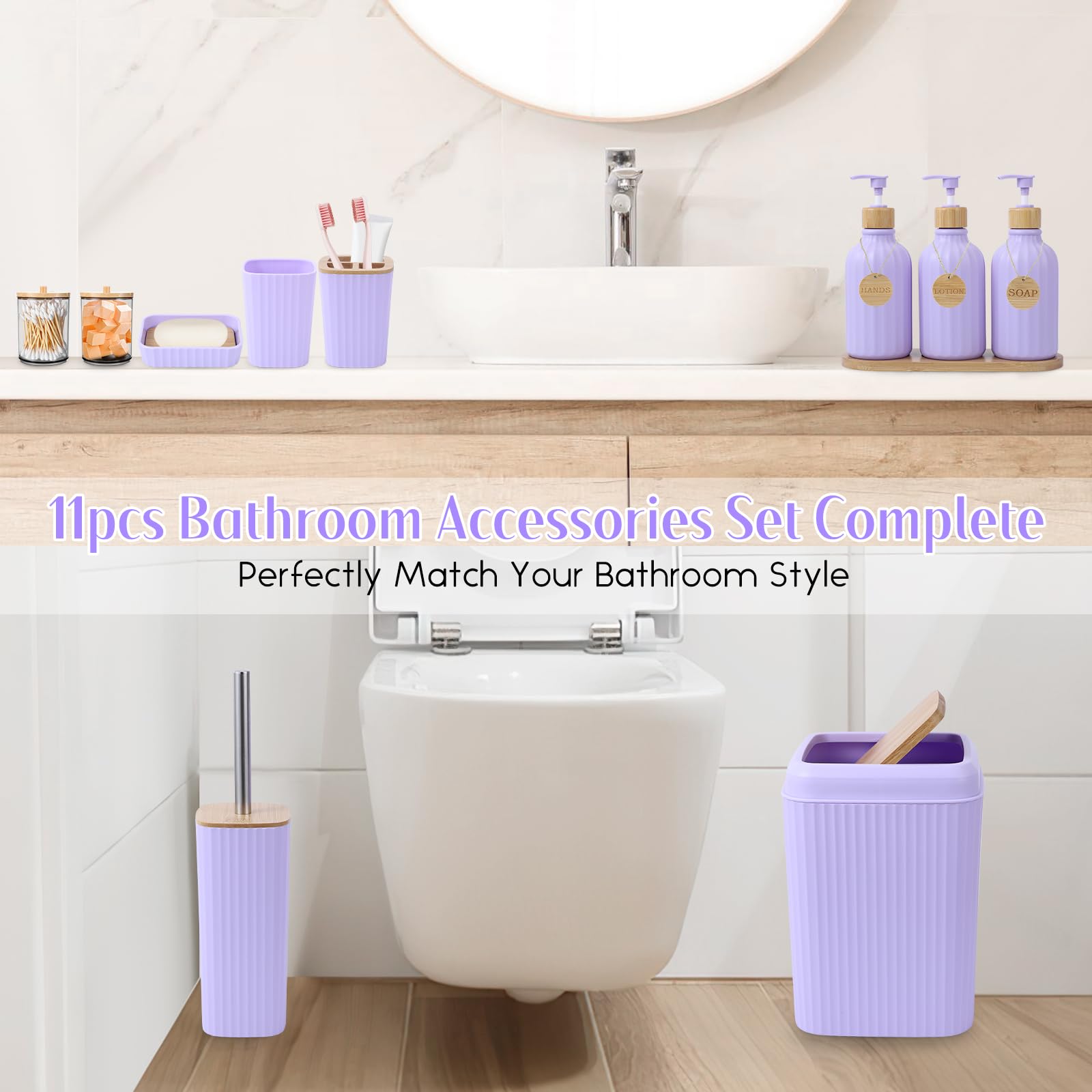 Simply Bathroom Accessories Set 17PCS Bathroom Set with Trash Can 3PCS Lotion Soap Dispenser, Toothbrush Holder, Soap Dish,Tumbler Cup, 6PCS Wood Tags Bath Accessories with Tray for Kitchen Bathroom
