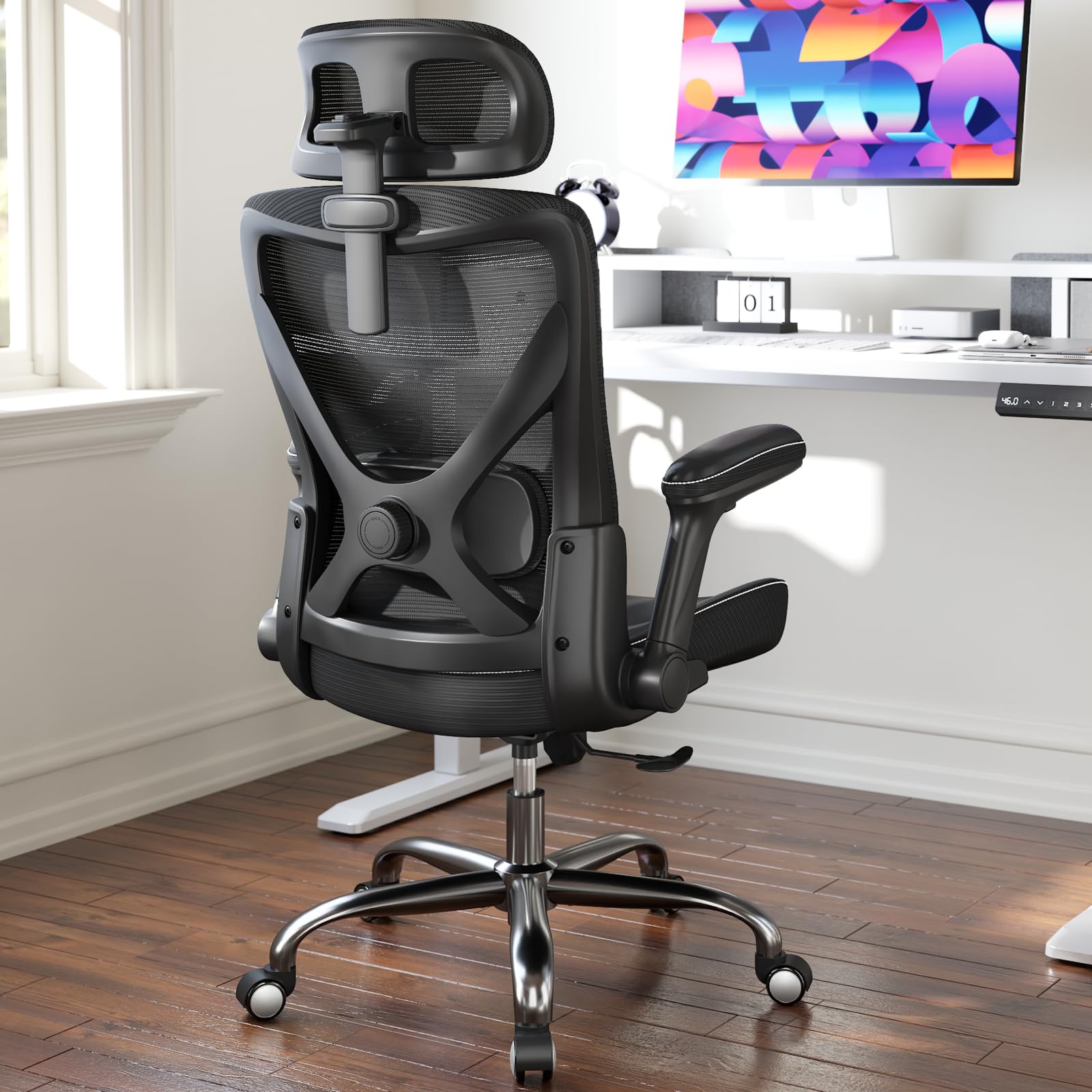 Ergonomic Desk Chair-Computer X-Shaped Chair Mesh PU Leather with Adjustable Lumbar Support-Executive Chair High Back with Headrest Flip-Up Arms for Long Hours