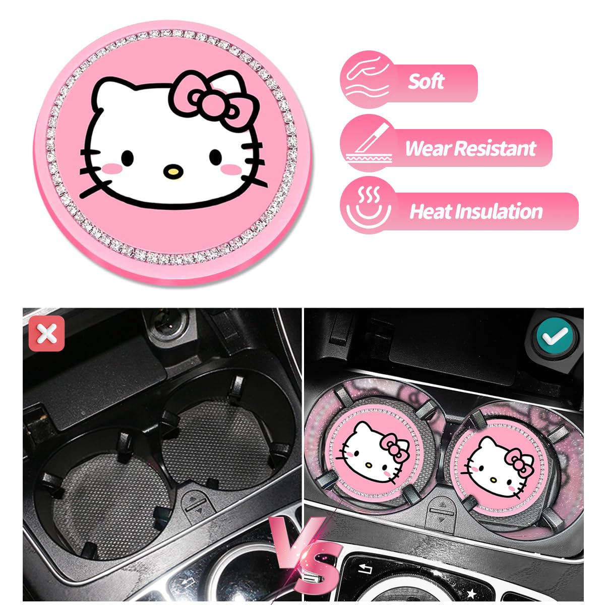 Cute Kitty Cup Holder Coasters, Black Silicone Anti-Slip Car Coasters, Cup Pads for Home Office, Universal 2.75 Inch 2PCS