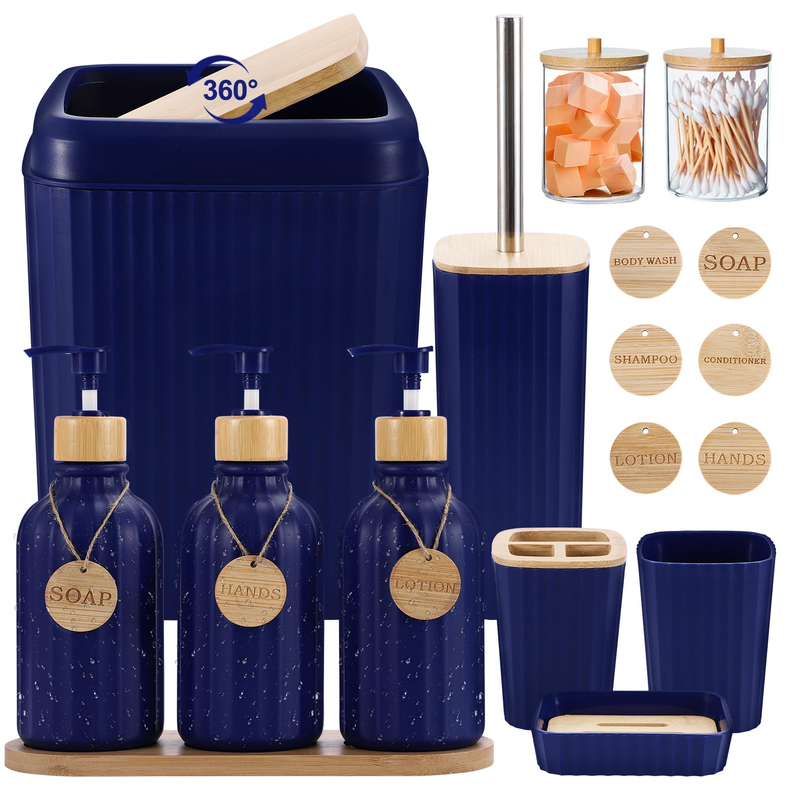 Simply Bathroom Accessories Set 17PCS Bathroom Set with Trash Can 3PCS Lotion Soap Dispenser, Toothbrush Holder, Soap Dish,Tumbler Cup, 6PCS Wood Tags Bath Accessories with Tray for Kitchen Bathroom