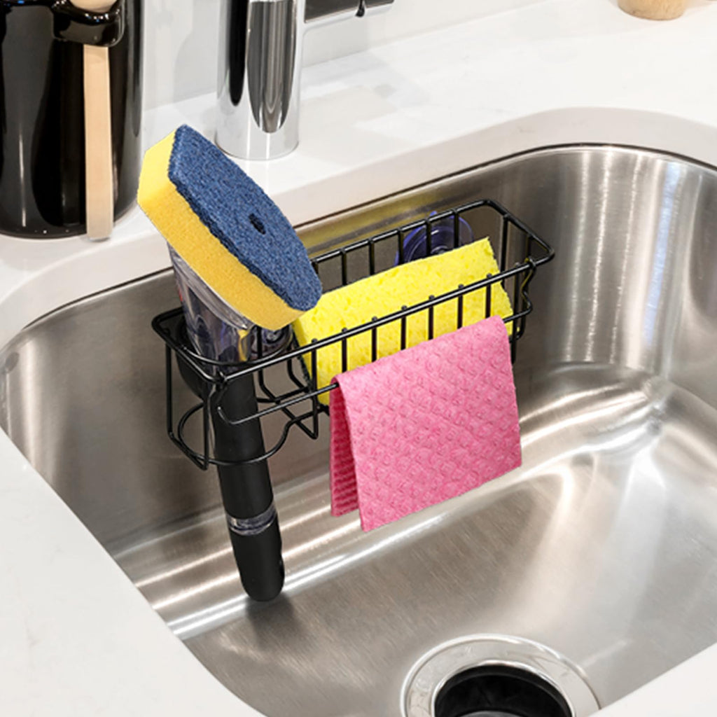 Sponge Holder for Kitchen Sink with Suction Cups & Adhesive Hook, In-sink Sponge Holder, Wall Hanging Sink Caddy Organizer Rack 3-In-1