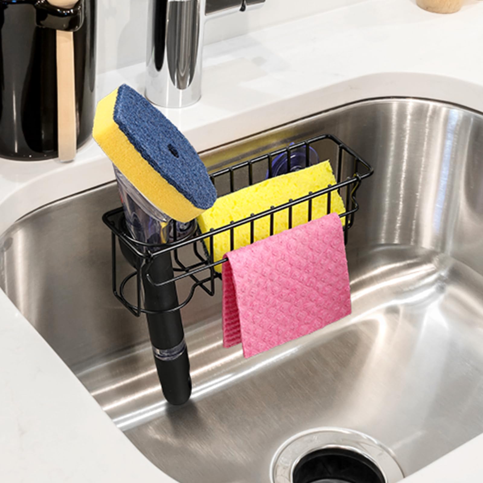 Sponge Holder for Kitchen Sink with Suction Cups & Adhesive Hook, In-sink Sponge Holder, Wall Hanging Sink Caddy Organizer Rack 3-In-1