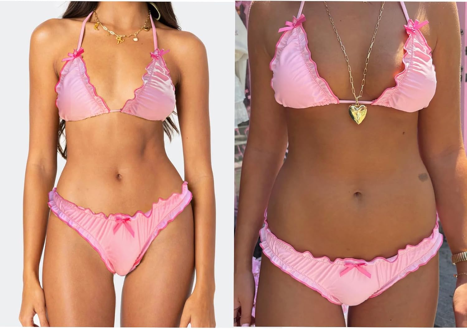 Women Cute Bikini Set Lettuce Trim Halter Neck Tie Up Bikini Top Triangle Set 2 Pieces Coquette Bathing Suit