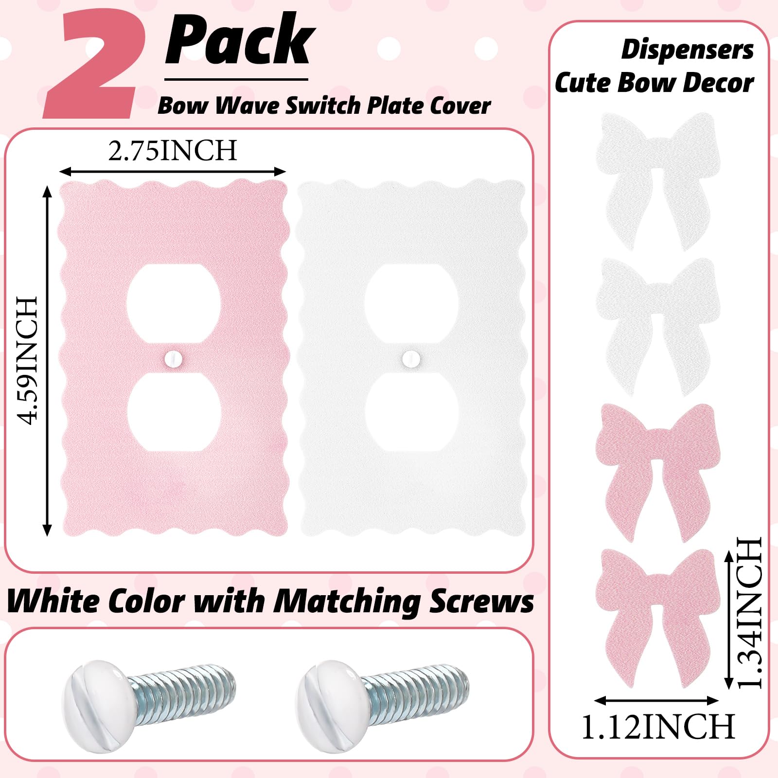 Pink Scalloped Duplex Outlet Covers Wall Plate Room Decor Metal Pink and White Cute Decorative Outlet Cover for Home Decor(Bow,2 Pcs)
