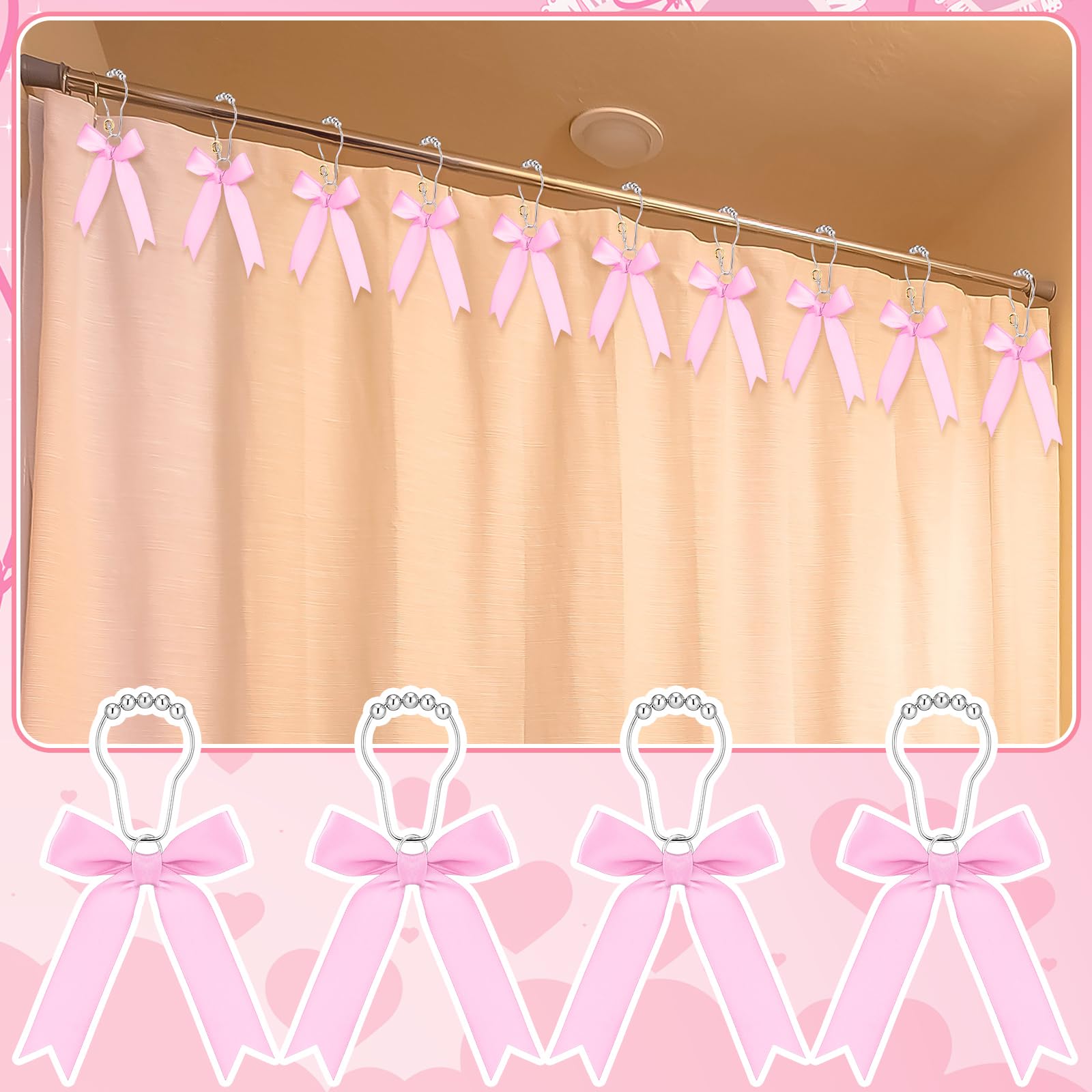 Cute Bow Knot Ribbon Curtain Hooks Decorative Shower Rings Hanger Bathroom Decor Bathroom Accessories 12 Pcs
