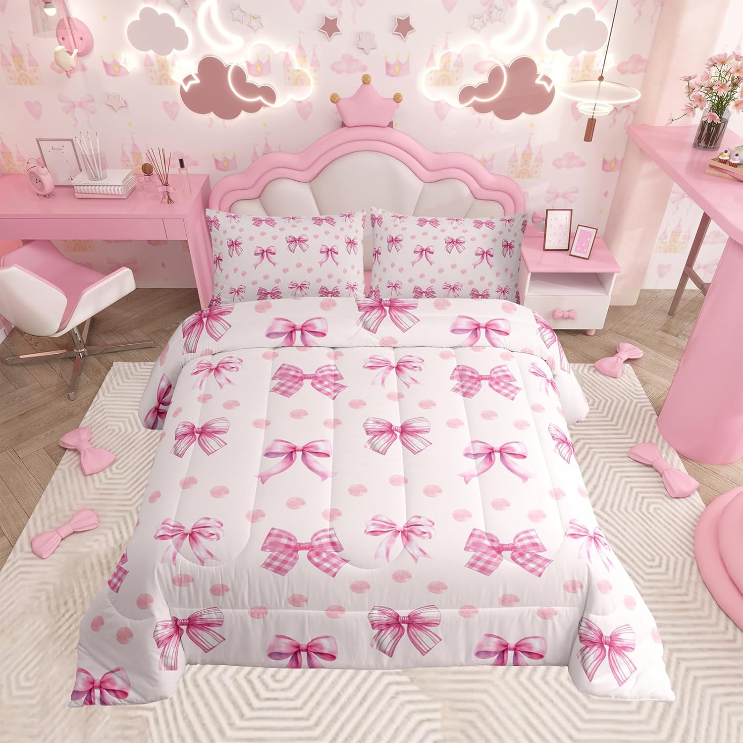 Floral Bowknot Comforter Set,Pink Bow Tie Print Bedding Set Cute Bow Flower Comforter Princess Style Bed Set for All Season