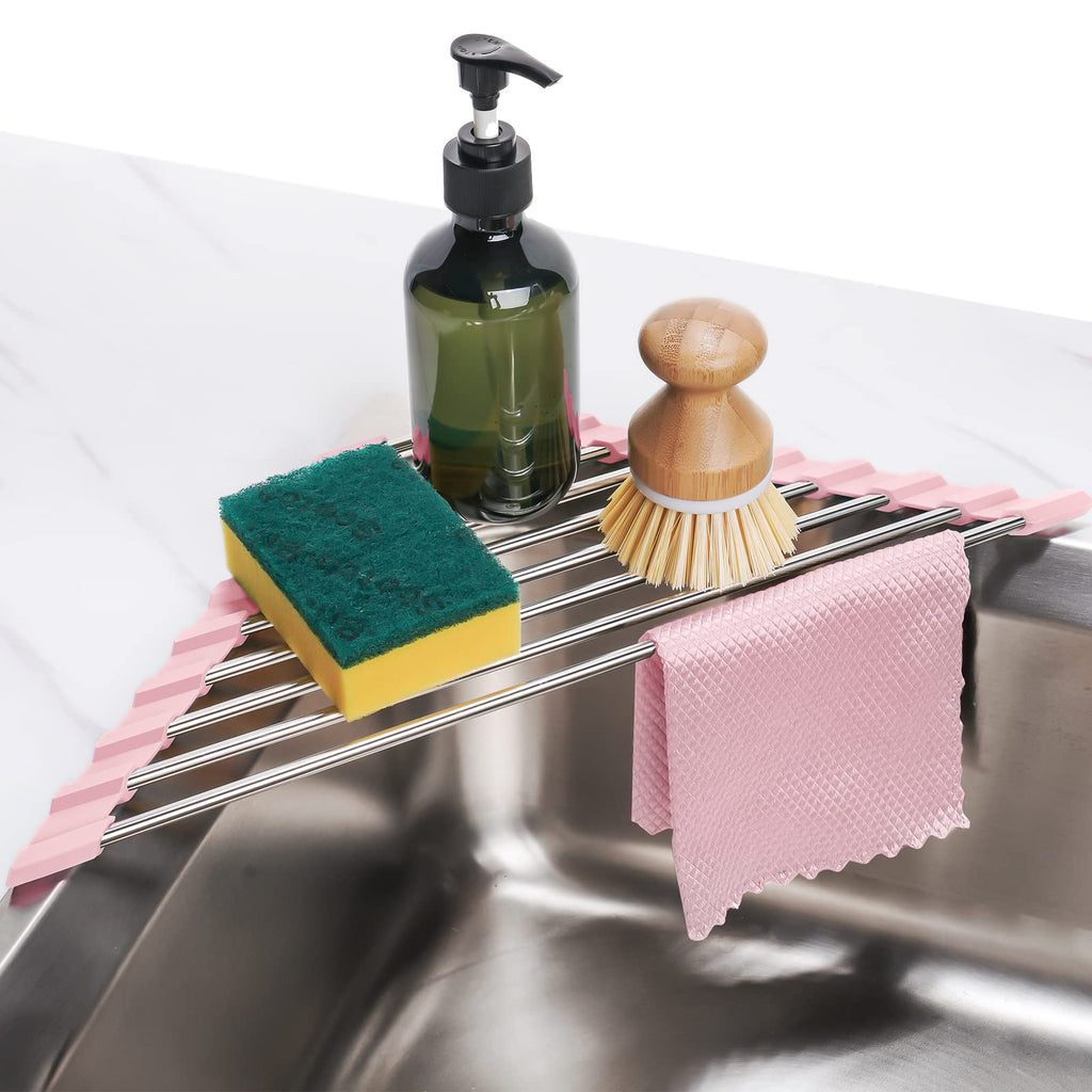 Triangle Foldable Dish Drying Rack, Small Roll-Up - Stainless Steel Over Sink Drainer for Kitchen Sink Corner, Rustproof