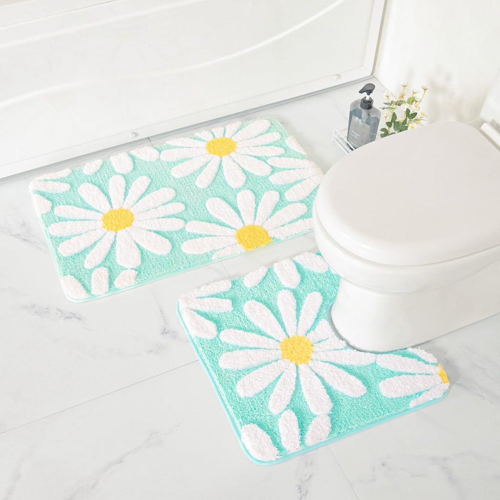 U Shaped Toilet Mat Cute Daisy Contour Bath Rug 20"x20", Extra Thick Soft Machine Washable Toilet Carpet, Non Slip Bathroom Floor Mats Super Absorbent Microfiber Bath Rugs