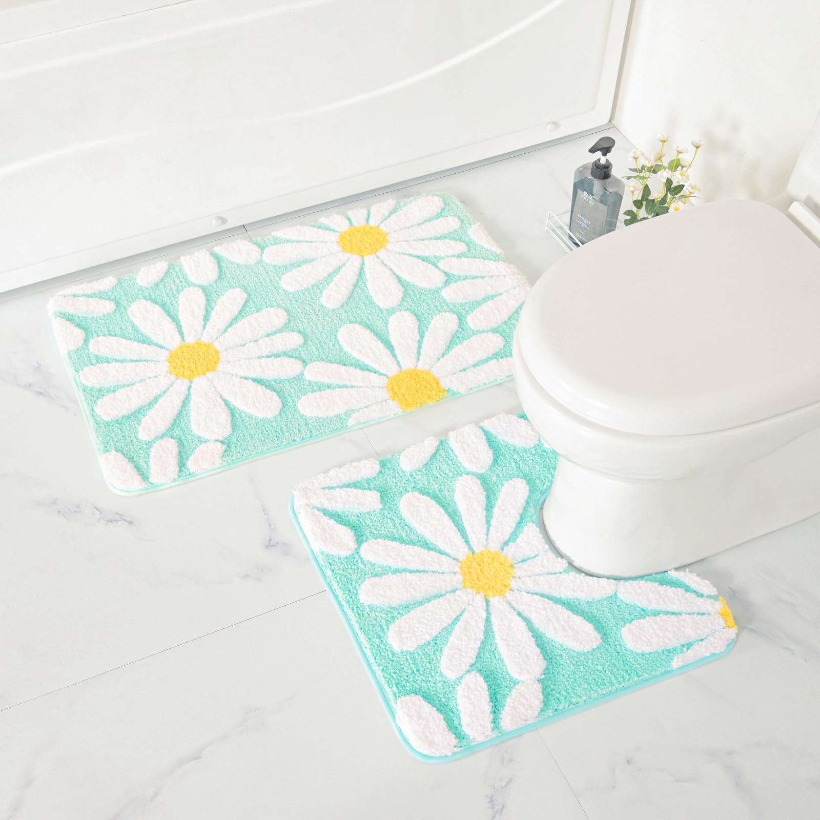 U Shaped Toilet Mat Cute Daisy Contour Bath Rug 20"x20", Extra Thick Soft Machine Washable Toilet Carpet, Non Slip Bathroom Floor Mats Super Absorbent Microfiber Bath Rugs