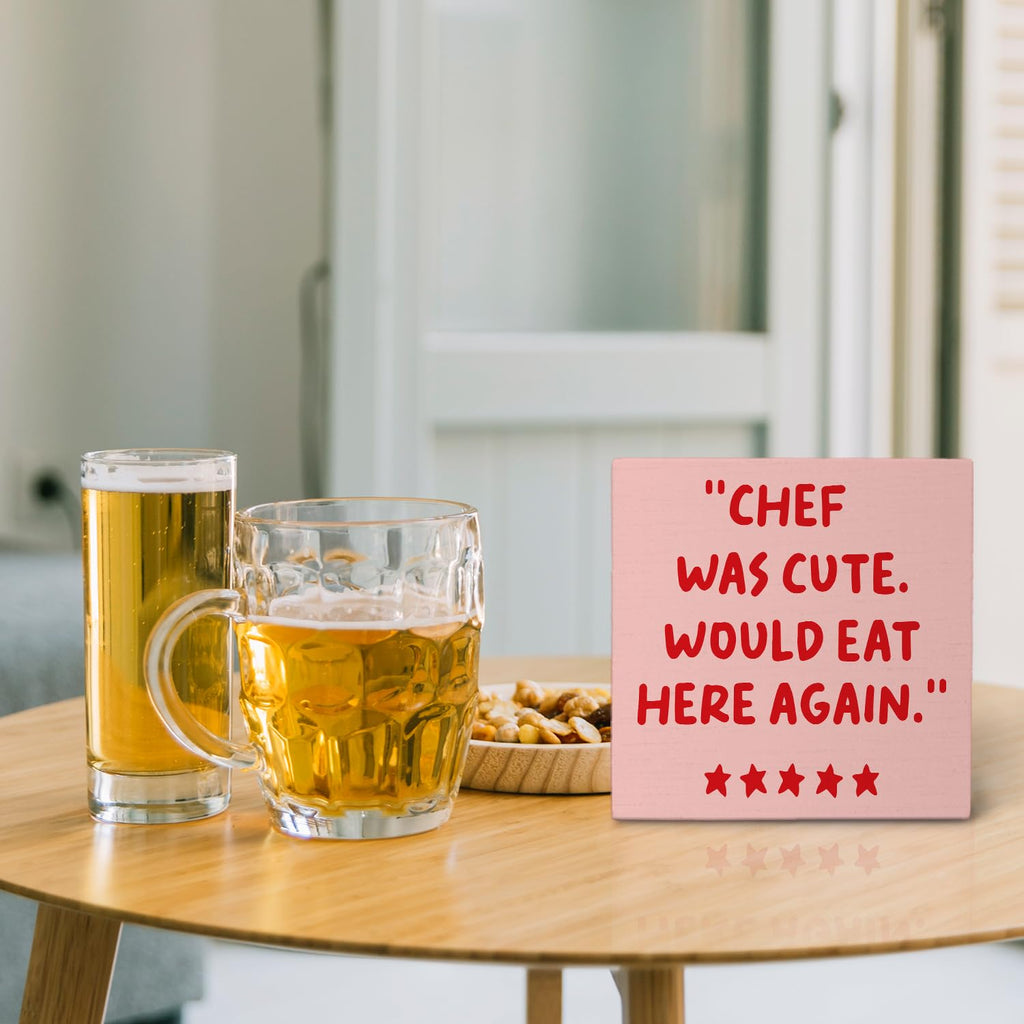 Kitchen Sign - 'Chef Would Eat Here Again' Wooden Box Sign, Pink & Aesthetic Kitchen Decor, 5x5 Inches