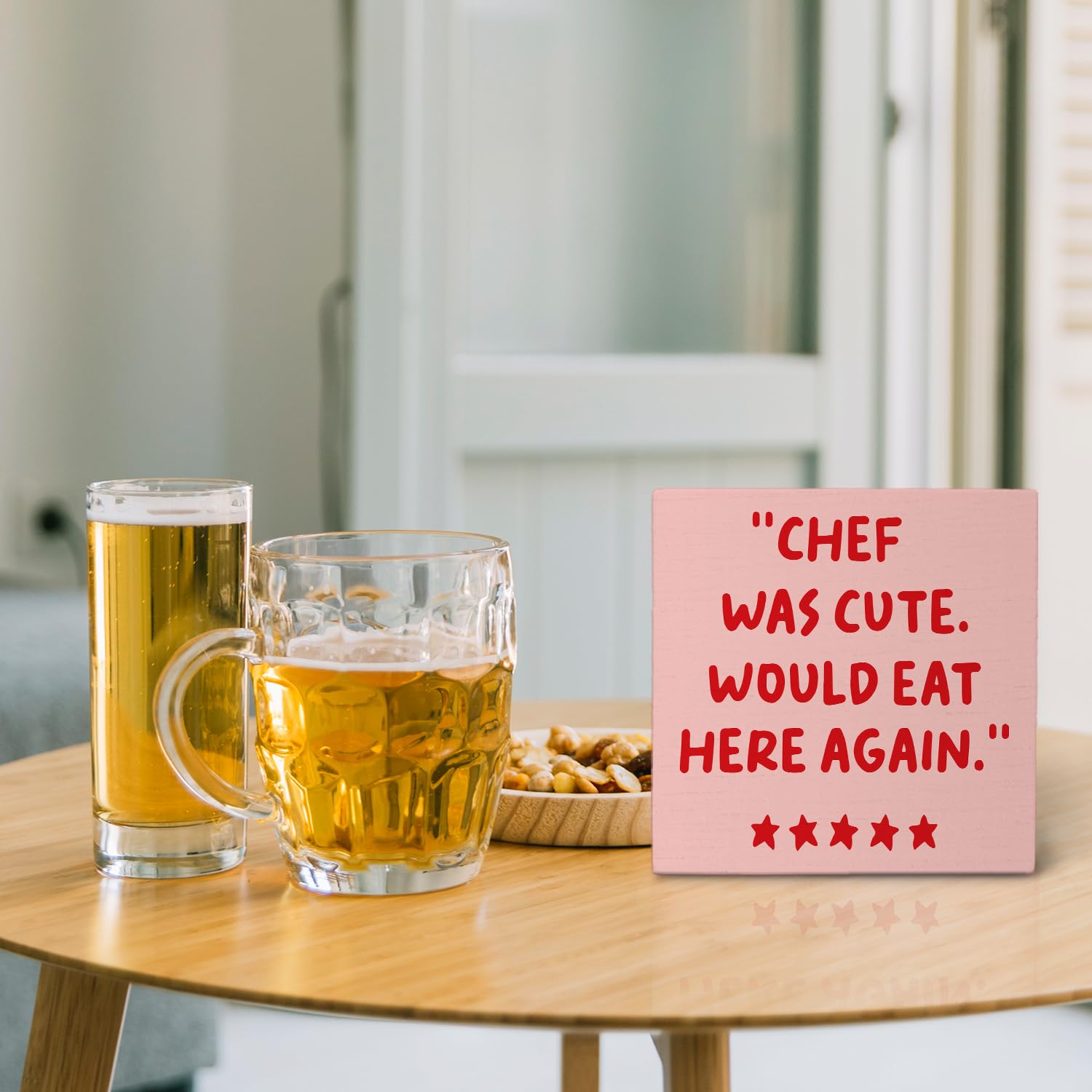 Kitchen Sign - 'Chef Would Eat Here Again' Wooden Box Sign, Pink & Aesthetic Kitchen Decor, 5x5 Inches
