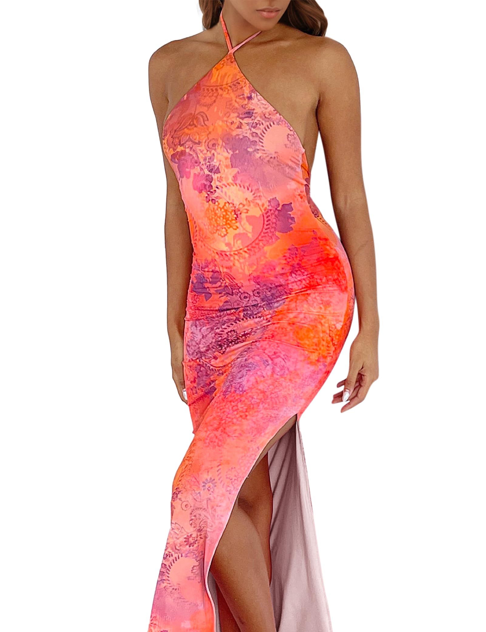 Women Sexy Backless Satin Maxi Dresses Spaghetti Strap Floral Print Dresses Slim Fit Elegant Long Dresses Night Party Outfits